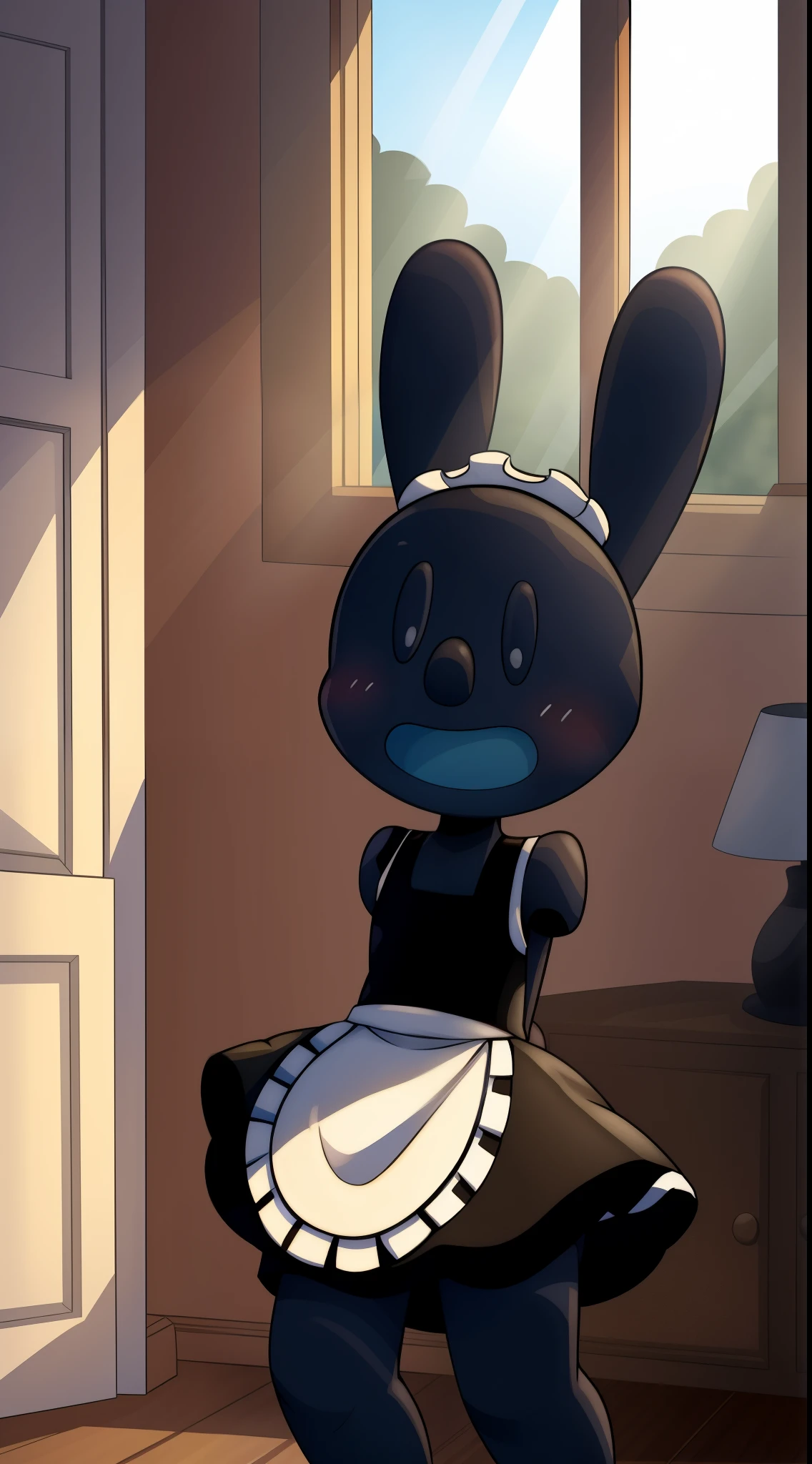 Oswald, armless, missing arms, no arms, black eyes, big and wide mouth, agape, white polka dots on ears, full body, maid dress, shy expression, expressive, blushing harder, dynamic angle, bedroom, window, sunrays, furniture, detailed art, intricate details