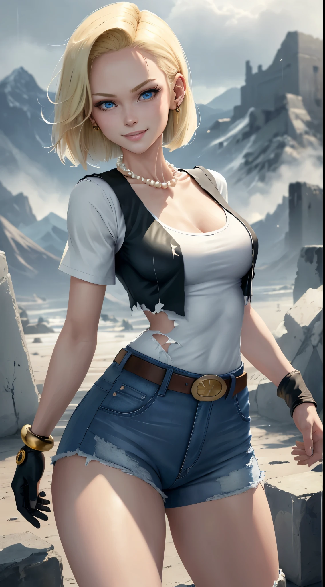 best quality, highres, and18, 1girl, android 18, solo girl, 1girl, blonde hair, blue eyes, belt, blue jeans, pearl necklace, bracelets, black gloves, white shirt, short hair, short sleeves, earrings, blue pants, open vest, black vest, gold pocket watch, medium breasts, cowboy shot, mountains, straight-on, (weather: raining and windy), wet body, sexy smile, combat stance, battle ruins, wide hips, thick legs, torn clothes, closed fists,