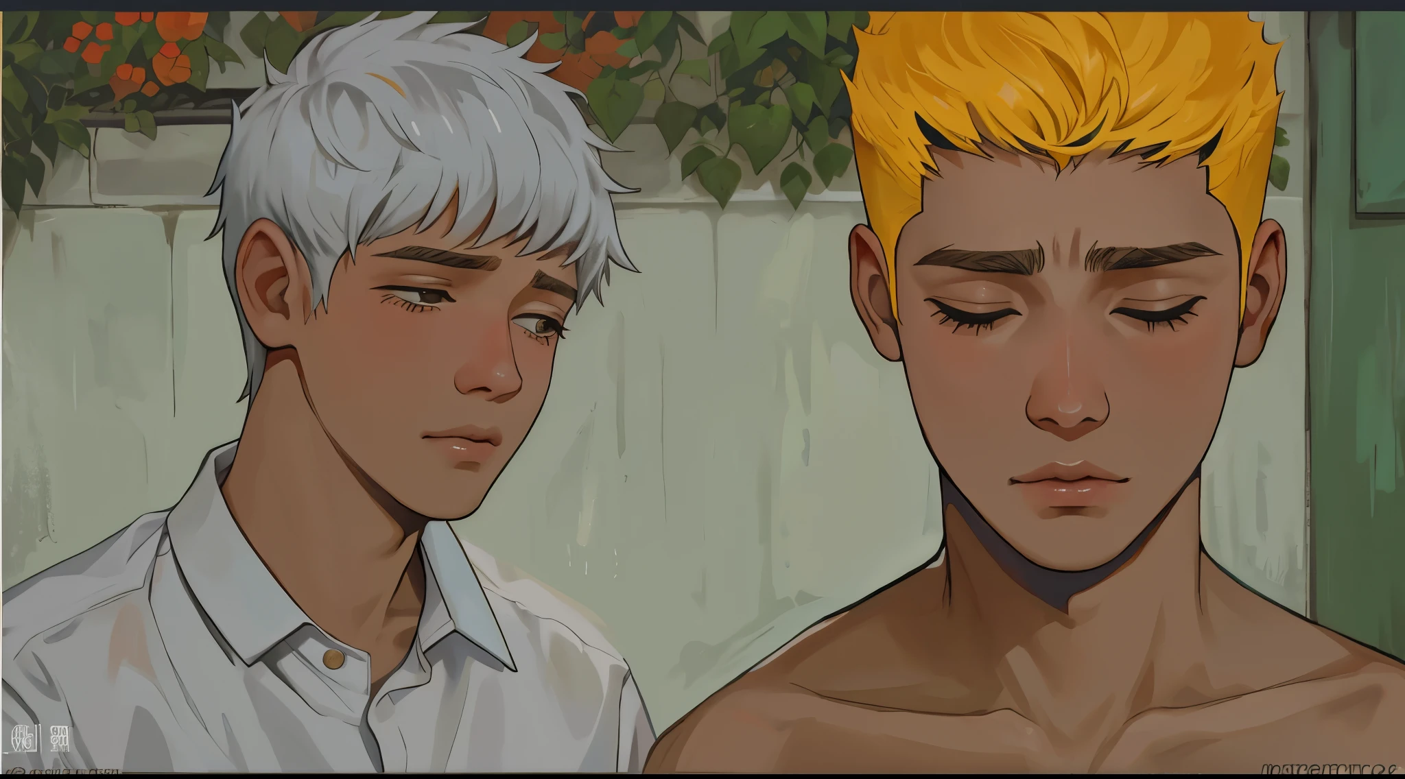 Close-up of two cute 16 year old men are sad. 