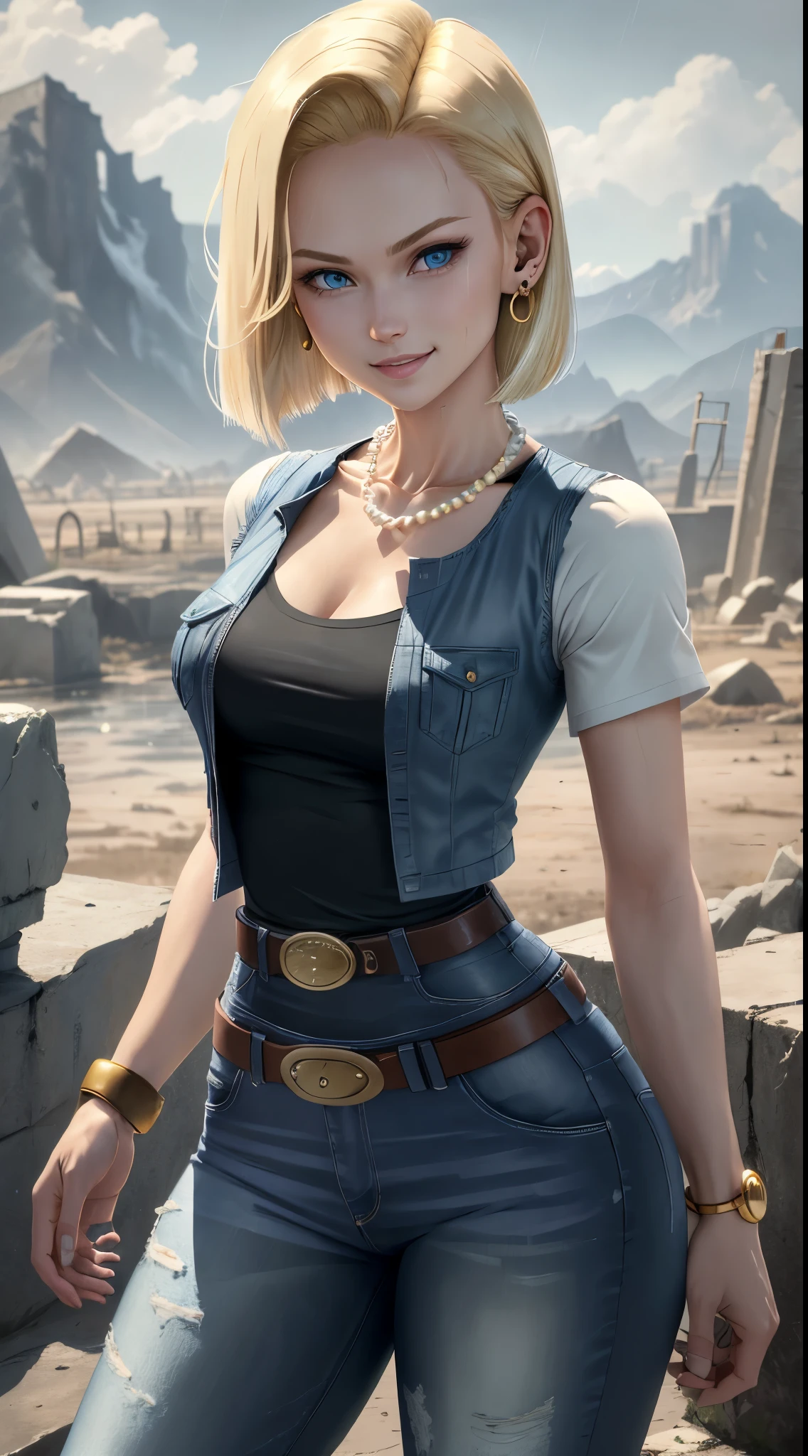 best quality, highres, and18, 1girl, android 18, solo girl, 1girl, blonde hair, blue eyes, belt, blue jeans, pearl necklace, bracelets, black gloves, white shirt, short hair, short sleeves, earrings, blue pants, open vest, black vest, gold pocket watch, medium breasts, cowboy shot, mountains, straight-on, (weather: raining and windy), wet body, sexy smile, combat stance, battle ruins, wide hips, thick legs, torn clothes, closed fists,
