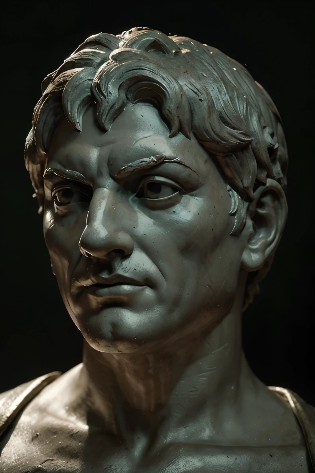 Certainly, here's a prompt tailored to your request:

---

Craft a vivid description centered around the face and upper body of a marble statue depicting the stoic philosopher Seneca, draped in a toga, set against a backdrop of deep black. Seneca's visage is immortalized in stone, his features finely chiseled to capture the essence of his wisdom and contemplation.

His eyes, framed by furrowed brows, seem to hold the weight of the world's knowledge, gazing out into the abyss of eternity with a calm resolve. The lines etched into his forehead speak of a life lived deeply, marked by the trials and tribulations of existence.

The toga, draped gracefully over his shoulders, cascades down his chest in gentle folds, a symbol of his stature and wisdom in the ancient world. Despite the stillness of the statue, there's a sense of movement in the way the fabric flows, as if caught in an eternal breeze.

Set against the stark black background, Seneca's figure stands in stark contrast, a beacon of wisdom shining through the darkness of ignorance and uncertainty. The interplay of light and shadow adds depth to his expression, casting his features in a soft, otherworldly glow.

As observers approach the statue, they feel an undeniable sense of reverence, as if in the presence of a sage imparting timeless truths. Some are moved to contemplation, pondering the complexities of life and the teachings of Stoicism embodied in Seneca's stoic countenance.