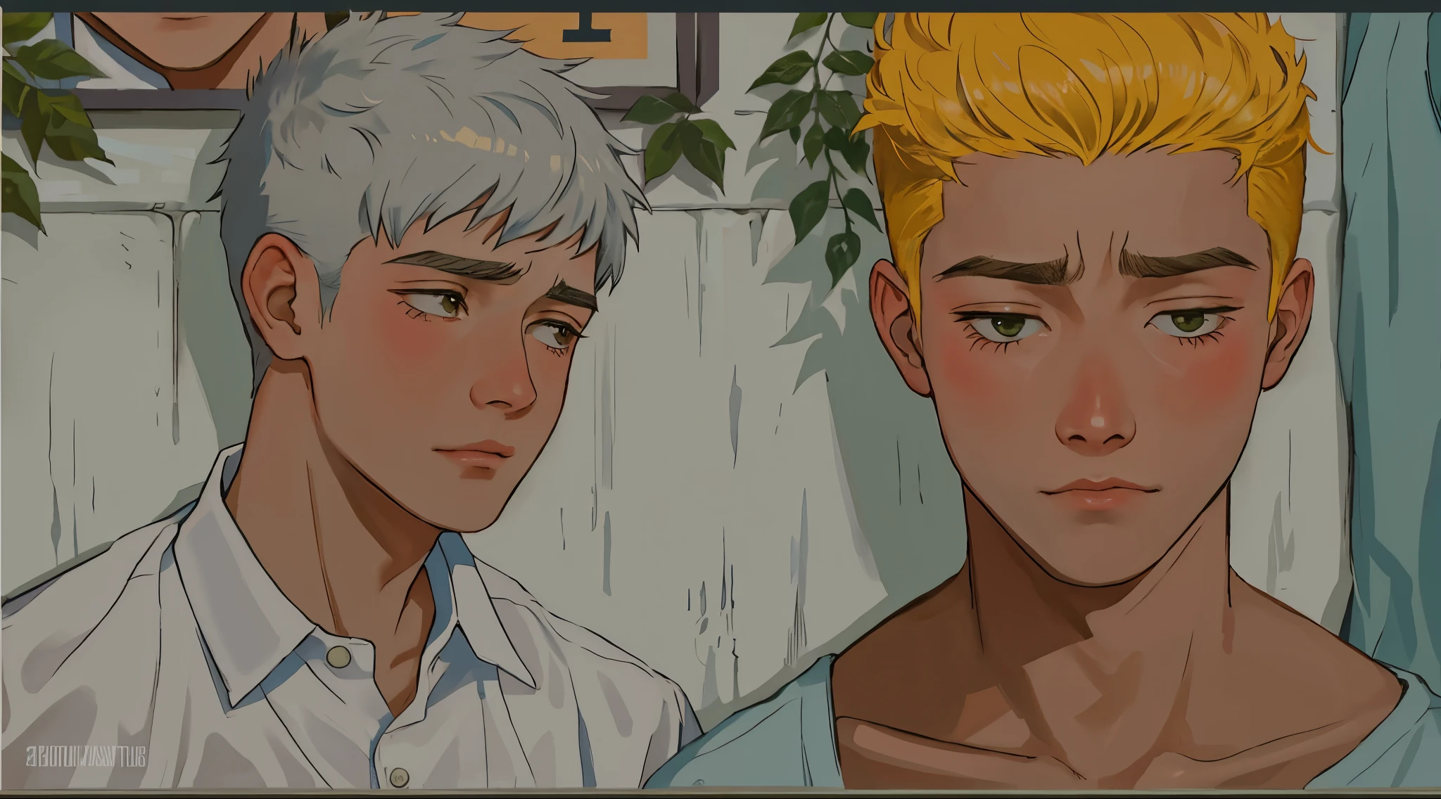 Close-up of two cute 16 year old men are sad.