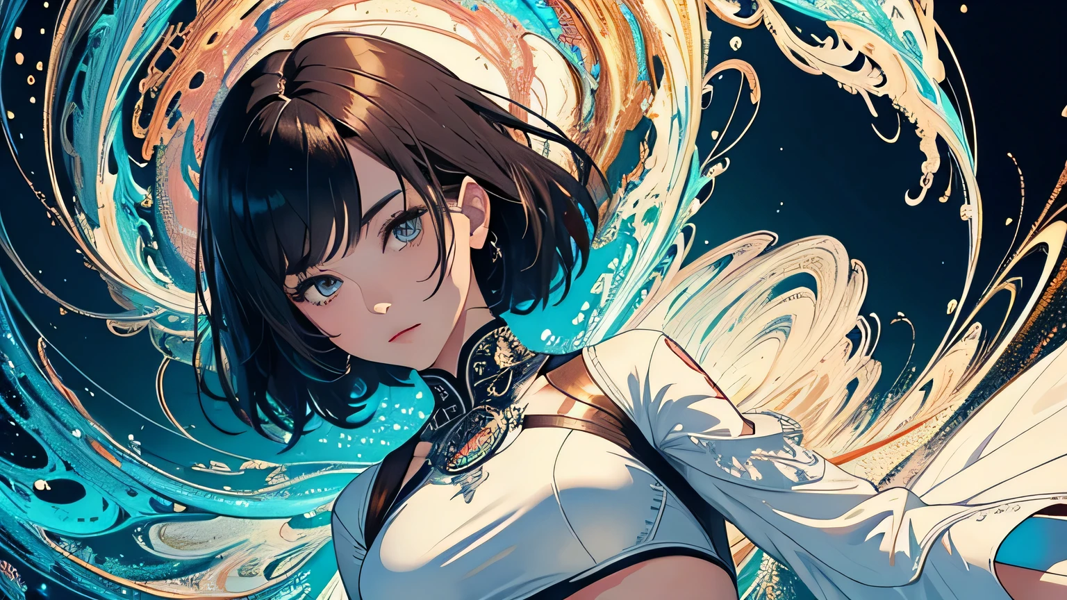 (masterpiece, top quality, best quality, official art, beautiful and aesthetic:1.2), (1girl:1.3, tight crop top leather suit), ((shy and looking at viewert)), (Perfect thick white eyebrows) Delicate fur, 详细s face, extremely detailed,(fractal art:1.2),colorful, highest detailed,(zentangle:1.2), (dynamic pose), (abstract background:1.5), (treditional dress:1.2), (shiny skin), (many colors:1.4), upper body