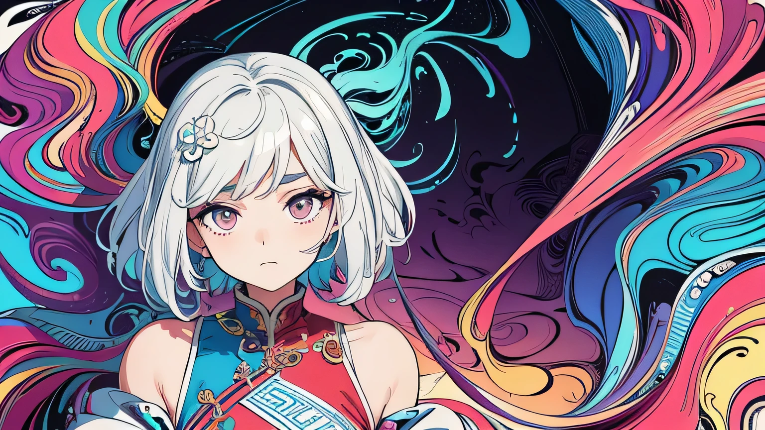(masterpiece, top quality, best quality, official art, beautiful and aesthetic:1.2), (1girl:1.3, tight crop top leather suit), ((shy and looking at viewert)), (Perfect thick white eyebrows) Delicate fur, 详细s face, extremely detailed,(fractal art:1.2),colorful, highest detailed,(zentangle:1.2), (dynamic pose), (abstract background:1.5), (treditional dress:1.2), (shiny skin), (many colors:1.4), upper body