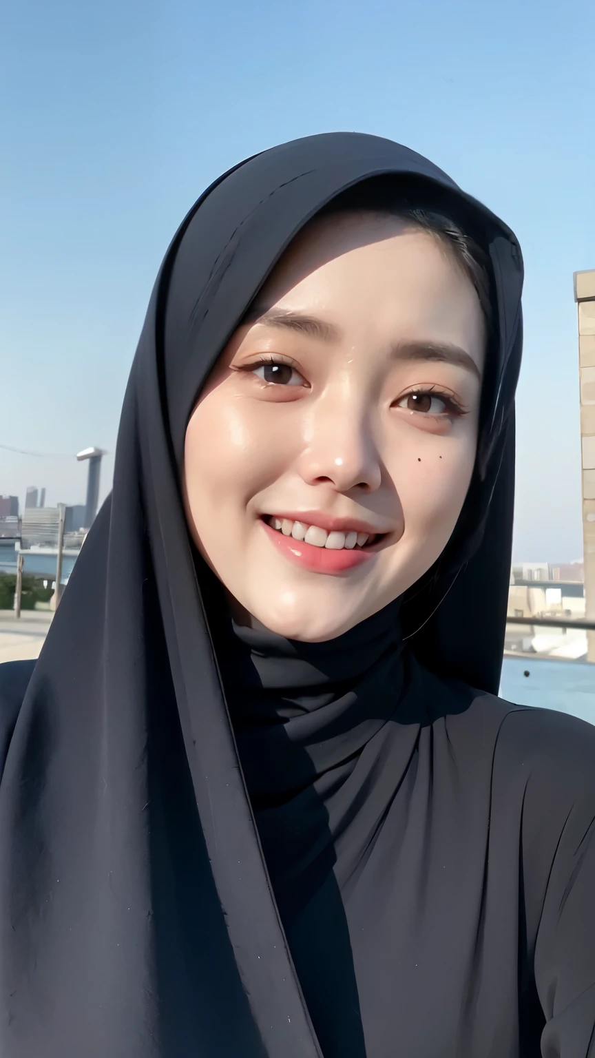 Wear hijab blue collor, ((Best quality, 8k, Masterpiece :1.37)), (three women in hijab), multiple people , three women in hijab blue, position:standing, style model, (three women in hijab), beautiful face, Beautiful detailed eyes, Korean eyes, nose detail, Natural Lips, 18 year old girl, black hair, very detailed face, ultra detailed body, slim body, smiling lips, detailed big breasts, detailed hairy vagina, Wearing Muslim hijab , luxurious jubba thobbe, blue sky view, slim body, realistic face, three women wearing hijabs
