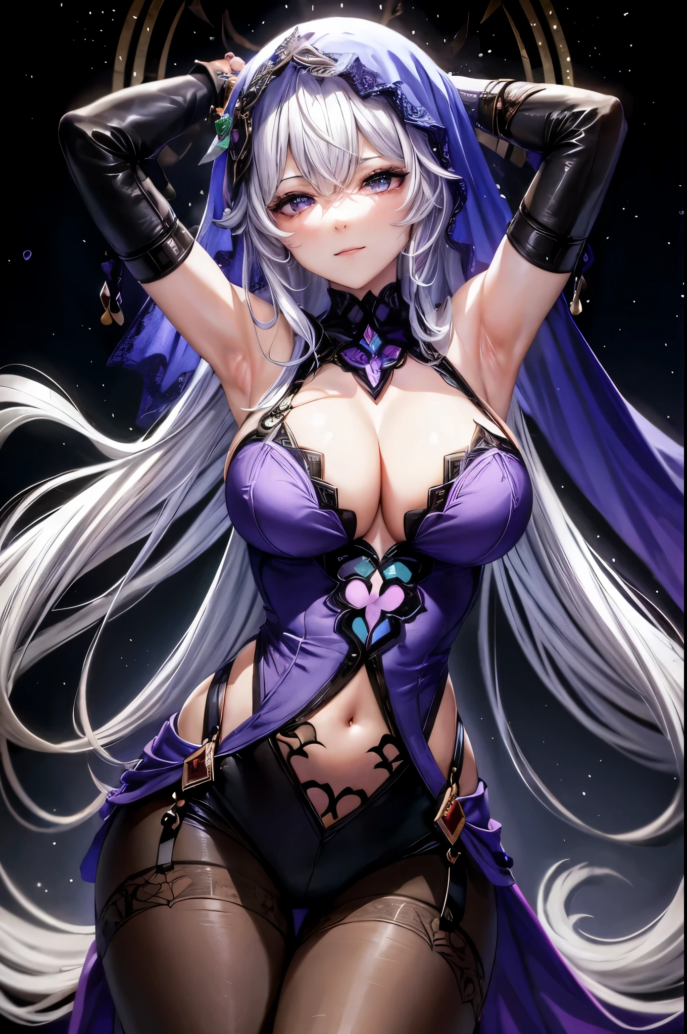 (masterpiece), best quality, (expressive eyes,detailed eyes1:1), perfect face,armpit,(silver hair),smirk,black swan, hair between eyes, long hair, (purple eyes:1.1), very long hair, white hair,glitter sky,
arm belt, bare shoulders, cleavage, covered navel, dress, elbow gloves, gloves, purple dress, sleeveless, sleeveless dress, veil,