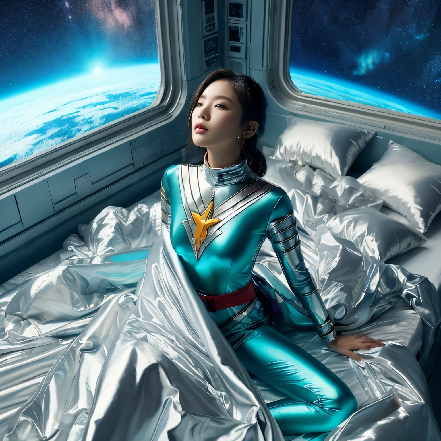 best image quality、ultra high resolution、(realism:1.4)、korean beauty star、The most beautiful KPOP stars、face、horny korean makeup、erotic expression、A body that makes you want to touch it、Erotic Photography、Realistic satin fabric texture、Costume made of stretch satin fabric that is smooth to the touch.、The drape of the curved parts of the satin fabric、Strong luster of costume、costume quality、8K photo quality、Costume made of high-density, high-quality satin fabric、Ultra-luxury battle leather cloak with smooth texture、super sentai woman'Heroine suit、Super Dreadnought Battleship Shiny Costume、Texture of costumes that cater to satin fetishists、thin, shiny stretch satin fabric、