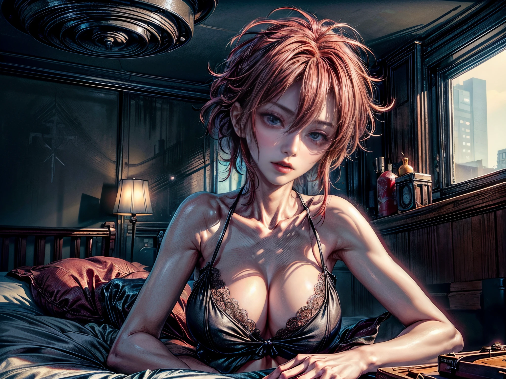 cinematic lighting,super dense skin、beautiful and detailed eyes、highest quality,cyber punk,(replace、dim color, pleasant tone:1.3),(1 beautiful woman、solo、Precise human body structure、Detailed beautiful facial features、expression of ecstasy、messy hair:1.3)(medium bob hair、red hair)(well-shaped chest、Breasts that are about to spill、nightwear to take off:1.3)(crawl on all fours、Accurately sculpted arms and legs、Sleeping expression:1.3)(巨大なbedの上:1.4)bed、Stylish concrete wall room、ceiling(Morning light、early morning:1.4)Scenery of Tokyo in the near future