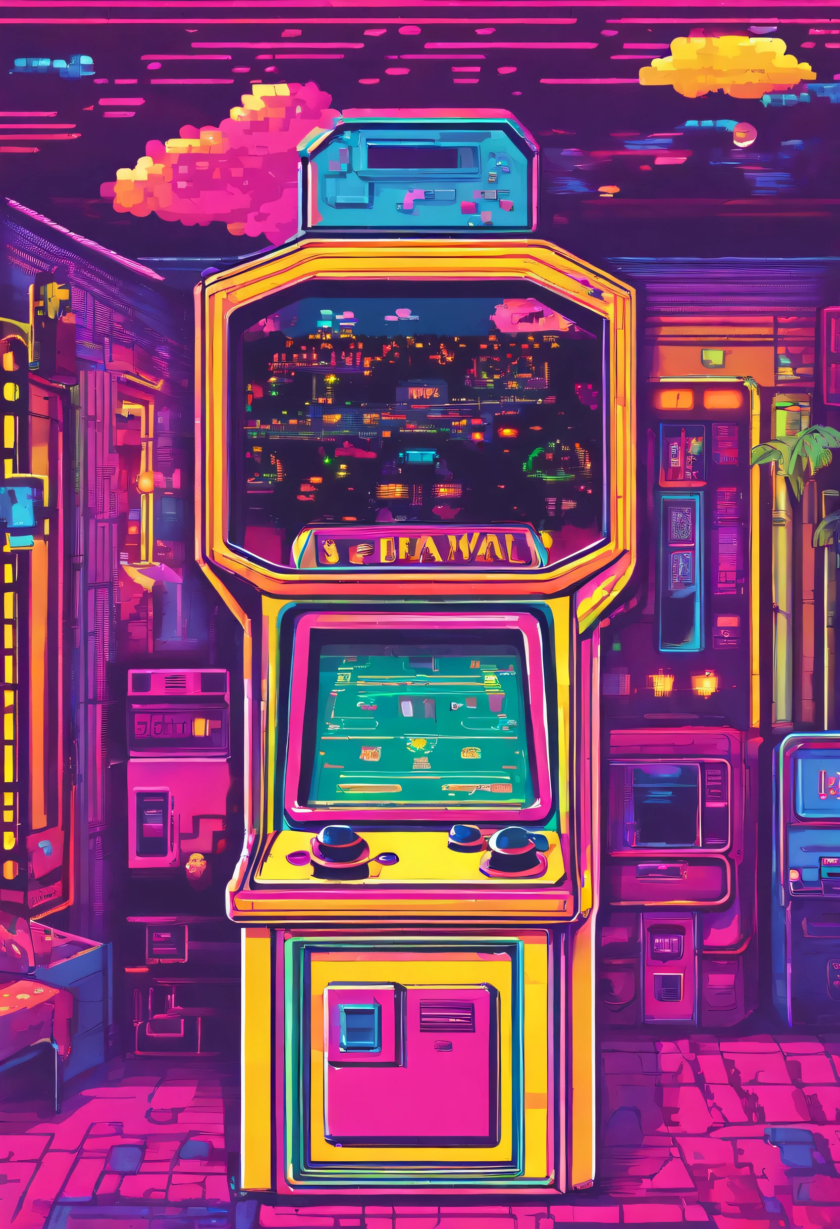 kawaii aesthetics, sala de juegos arcade, elogio, onda de vapor, onda sintetizada