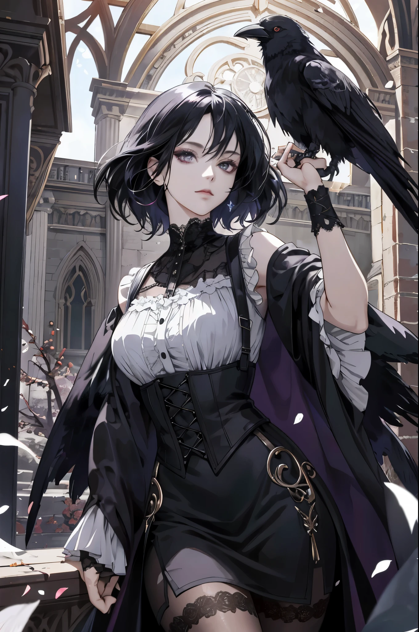 Gothic scenic environment, (ultra-detailed, best quality, high resolution), crow beautiful girl with raven-black hair reaching down to her waist, dressed in black silk suspenders and stockings, advancing towards you under the dim dusk street lights. Her black eyes gleam with an enchanting allure, her fair and rosy skin radiating an ethereal glow. This captivating anime character comes to life with intricate details, animated expressions, and lifelike textures.
In this exquisite Gothic scene, the combination of suspenseful elements and meticulously crafted character design creates a captivating and immersive visual experience. As the crow