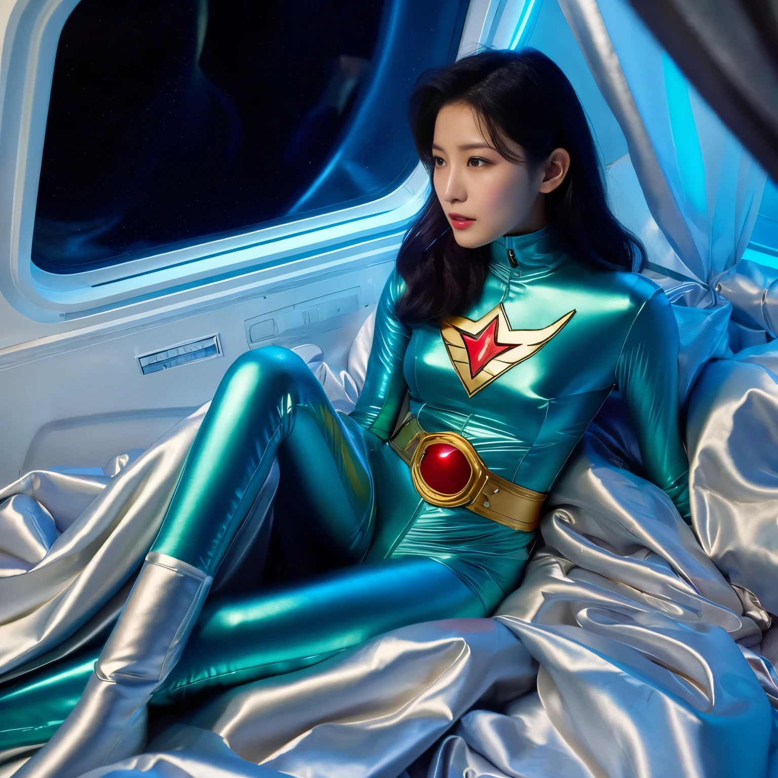 best image quality、Super high resolution、(realism:1.4)、Korean beauty star、The most beautiful KPOP star、face、Horny Korean makeup、erotic expression、A body that makes you want to touch it、Erotic photos、Realistic satin fabric texture、Costume made of stretch satin fabric that is smooth to the touch、The drape of the curved part of the satin fabric、Strong luster of costume、costume quality、8K photo quality、Costume made of high-quality satin fabric with high density、Super-class battle leather cloak with a smooth texture、Super Sentai Women's Heroine Suit、Super-class battleship shiny costumes、Texture of costumes that satin fetishists respond to、Thin, glossy stretch satin fabric、