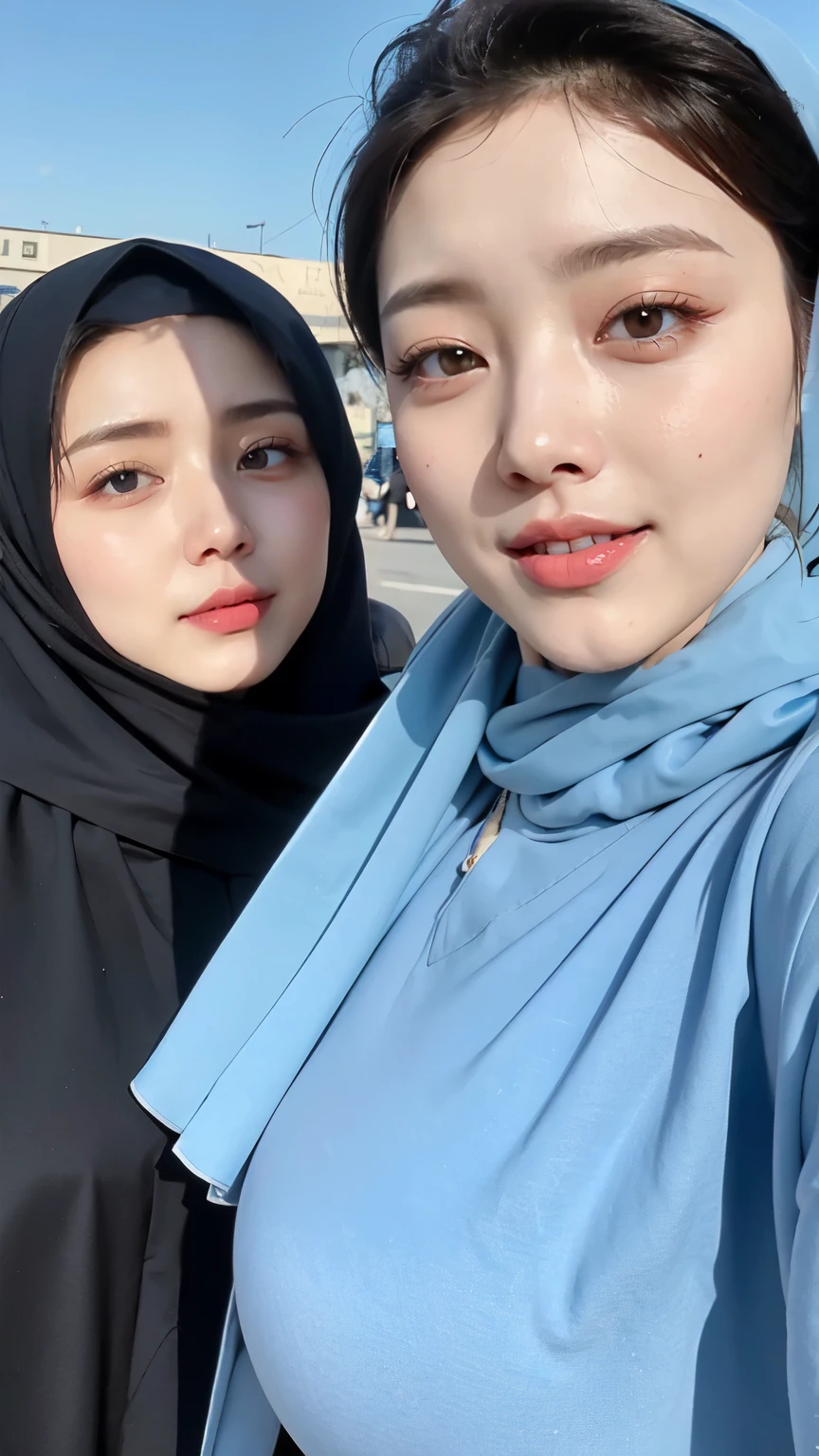 Wear hijab blue collor, ((Best quality, 8k, Masterpiece :1.37)), (three women in hijab), multiple people , three women in hijab blue, position:standing, style model, (three women in hijab), beautiful face, Beautiful detailed eyes, Korean eyes, nose detail, Natural Lips, 18 year old girl, black hair, very detailed face, ultra detailed body, slim body, smiling lips, detailed big breasts, detailed hairy vagina, Wearing Muslim hijab , luxurious jubba thobbe, blue sky view, slim body, realistic face, three women wearing hijabs