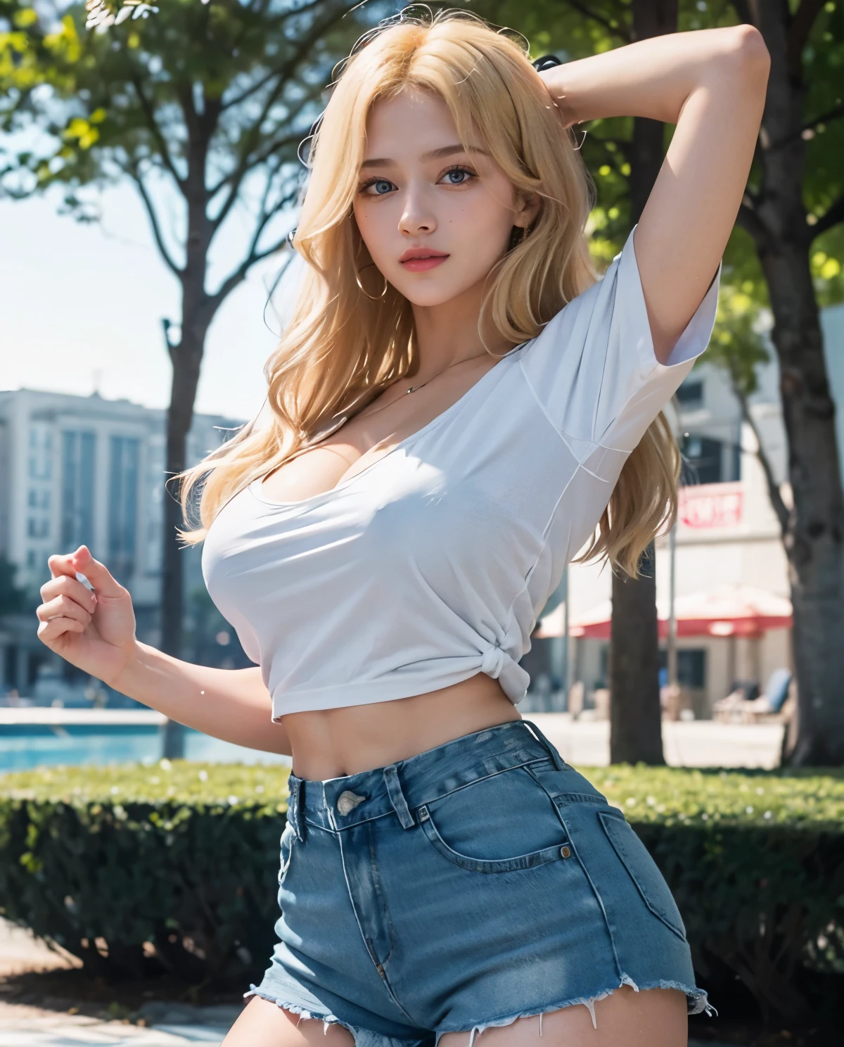 1girl, (Blue Eyes), smiling, (Sana Minatozaki), close-up, Big , big ass, (muscles :1.1), (Best Quality, 8k, Masterpiece: 1.3), Clear Focus: 1.2, Perfect Body Beauty: 1.4, (strong abs :1.3), Highly detailed face and skin texture, detailed eyes, double eyelids, (blonde long hair :1.2), (white cleavage t-shirt :1.2), (denim shorts), standing, dynamic pose, in a square with trees