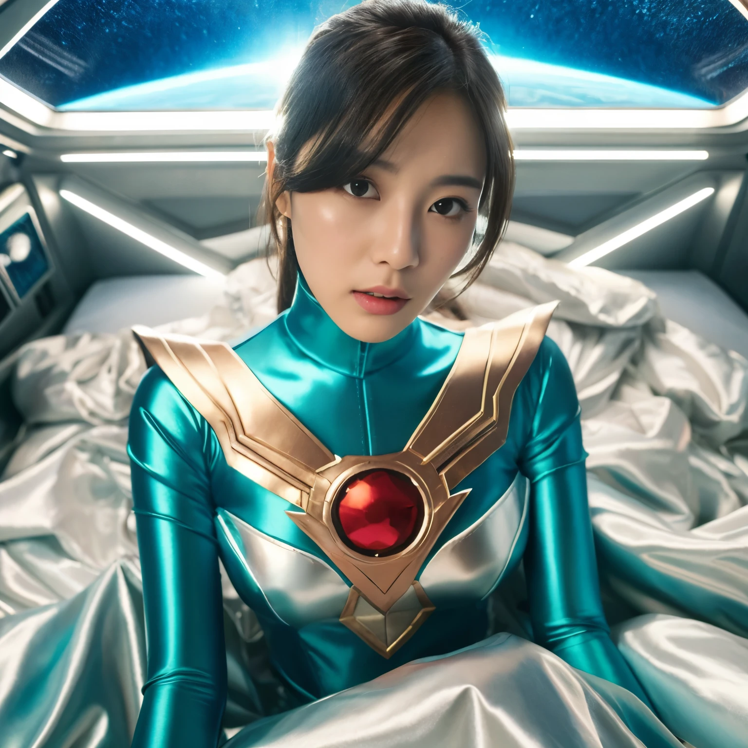 best image quality、Super high resolution、(realism:1.4)、Korean beauty star、The most beautiful KPOP star、face、Horny Korean makeup、erotic expression、A body that makes you want to touch it、Erotic photos、Realistic satin fabric texture、Costume made of stretch satin fabric that is smooth to the touch、The drape of the curved part of the satin fabric、Strong luster of costume、costume quality、8K photo quality、Costume made of high-quality satin fabric with high density、Super-class battle leather cloak with a smooth texture、Super Sentai Women&#39;s Heroine Suit、Super-class battleship shiny costumes、Texture of costumes that satin fetishists respond to、Thin, glossy stretch satin fabric、