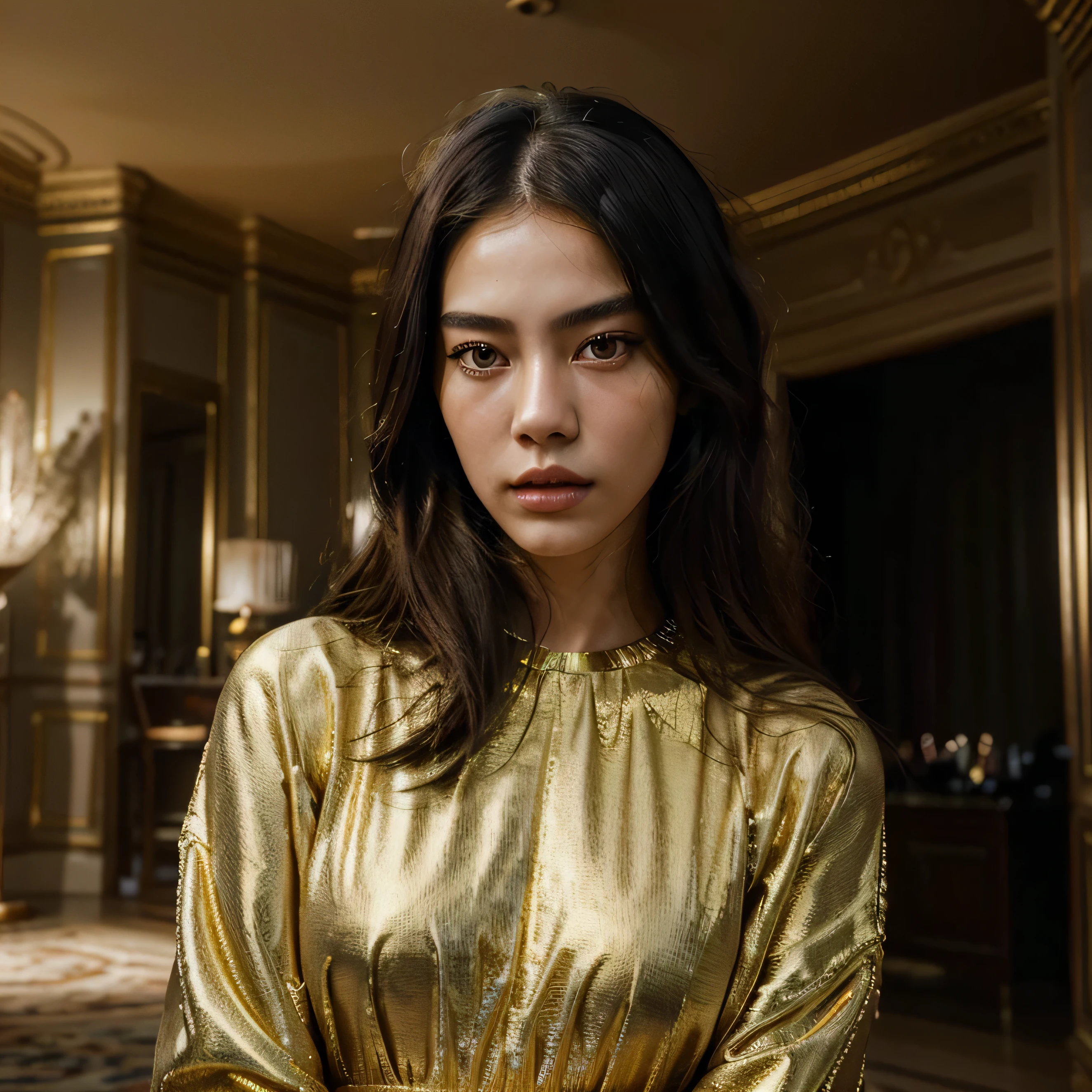 "Generate a modern luxury fashion image featuring a female model in her 20s, inspired by the style of Liu Wen. Emphasize prominent clothing brands in the outfit and showcase the model standing in an opulent home setting. Ensure the overall aesthetic is sleek and sophisticated." (best quality,4k,8k,highres,masterpiece:1.2),ultra-detailed,(realistic,photorealistic,photo-realistic:1.37), HDR, UHD, studio lighting, extreme detail description, professional, vivid colors, bokeh, (portrait:1.1), (fashion:1.1), (luxury:1.1), modern,