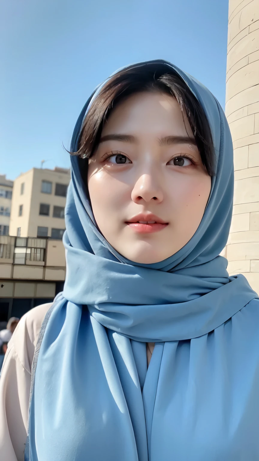 Wear hijab blue collor, ((Best quality, 8k, Masterpiece :1.37)), (three women in hijab), multiple people , three women in hijab blue, position:standing, style model, (three women in hijab), beautiful face, Beautiful detailed eyes, Korean eyes, nose detail, Natural Lips, 18 year old girl, black hair, very detailed face, ultra detailed body, slim body, smiling lips, detailed big breasts, detailed hairy vagina, Wearing Muslim hijab , luxurious jubba thobbe, blue sky view, slim body, realistic face, three women wearing hijabs