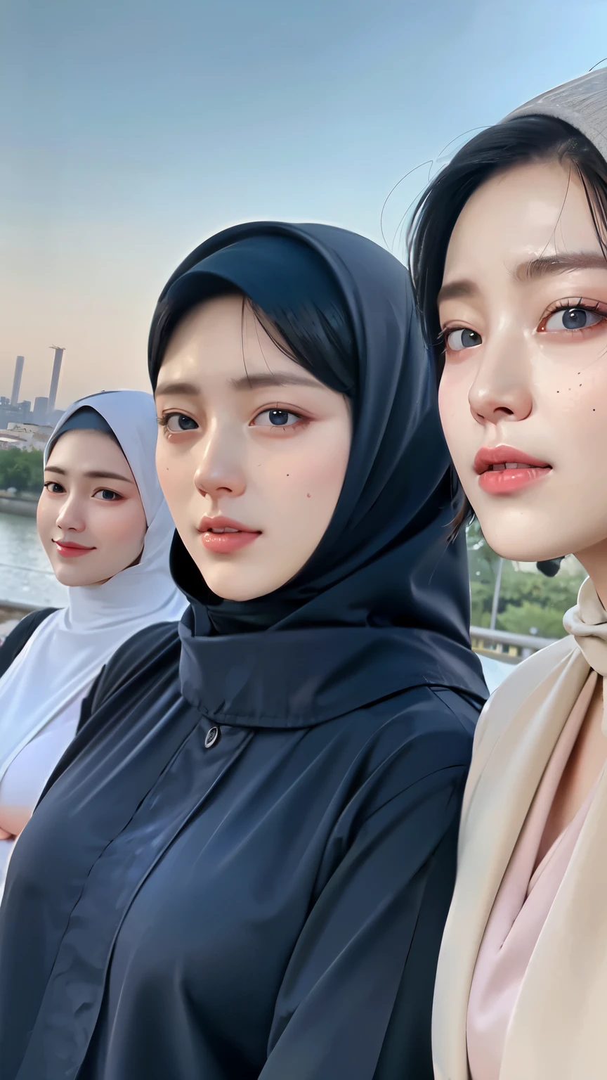 Wear hijab blue collor, ((Best quality, 8k, Masterpiece :1.37)), (three women in hijab), multiple people , three women in hijab blue, position:standing, style model, (three women in hijab), beautiful face, Beautiful detailed eyes, Korean eyes, nose detail, Natural Lips, 18 year old girl, black hair, very detailed face, ultra detailed body, slim body, smiling lips, detailed big breasts, detailed hairy vagina, Wearing Muslim hijab , luxurious jubba thobbe, blue sky view, slim body, realistic face, three women wearing hijabs
