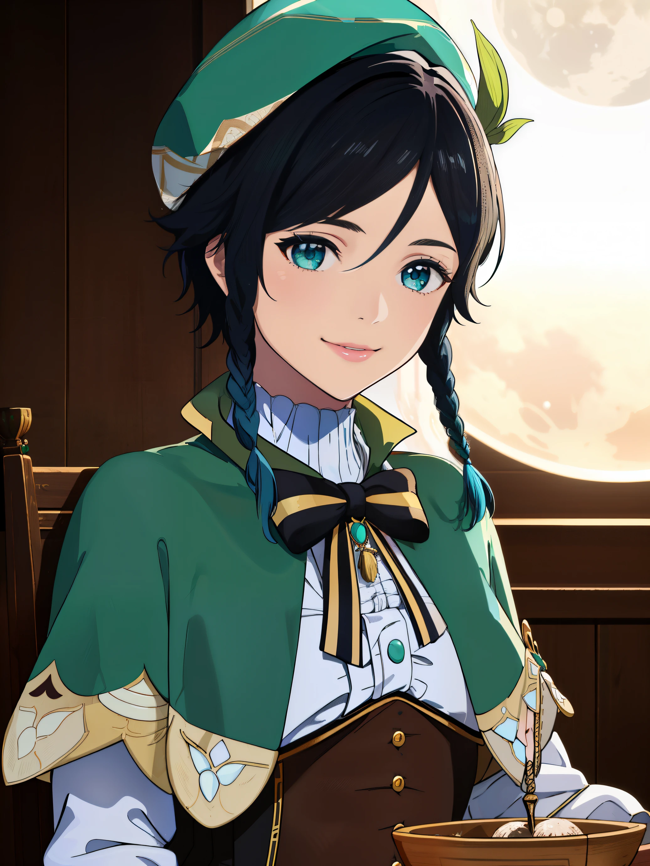 Masterpiece, best quality, night, full moon, 1 girl, mature woman, Chinese style, ancient China, sister, imperial sister, smile, dark brown hair, dark hair, princess cut, a Fried Dough Twists braid, coiled hair, double ball head, light pink lips, calm, intellectual, middle hair, green pupil, hairpin, embroidery ball, fine face, facial close-up, hand close-up,Best quality, masterpiece, ultra high res, (photorealistic:1.4), raw photo, 1girl, glowing skin, light smile,venti (genshin impact), lyre, black hair, hat, smile, braid, long sleeves, twin braids, gradient hair, multicolored hair, pantyhose, vision (genshin impact), shorts, blue hair, green headwear, beret, white pantyhose, green shorts, collared cape, bangs,shirt, jewelry, white shirt, brooch, cape, androgynous, frilled sleeves, frills, corset, short hair with long locks