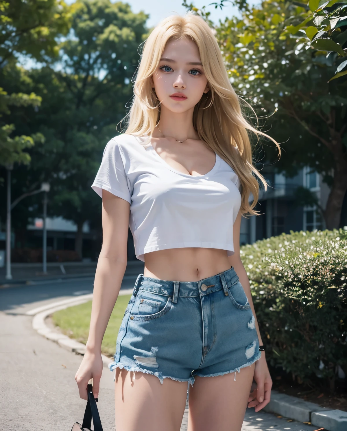 1girl, Blue eyes, (laughing), shiny makeup, (Sana Minatozaki), wide hips, Big , big ass, (Best Quality, 8k, Masterpiece: 1.3), perfect hands, Clear Focus: 1.2, Perfect Body Beauty: 1.4, Highly detailed face and skin texture, detailed eyes, double eyelids, red lips, (blonde long hair :1.2), white cleavage t-shirt, denim shorts, sitting showing legs, in an open-air cafe in Tokyo, sunny day