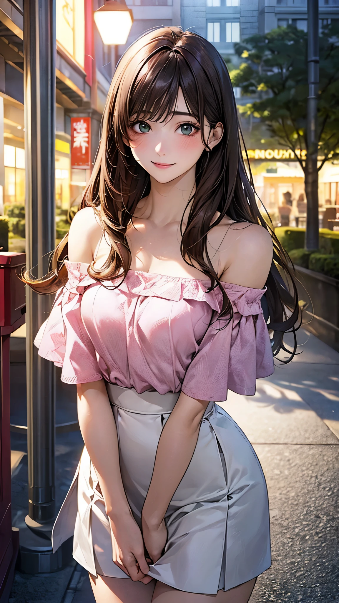 (masterpiece:1.2, top-quality), (realistic, photorealistic:1.4), beautiful illustration, (natural side lighting, movie lighting), nsfw, 
looking at viewer, 1 girl, japanese, high school girl, perfect face, cute and symmetrical face, shiny skin, 
(long hair:1.5, straight hair:1.4, wine brown hair), swept bangs, emerald greeneyes, long eye lasher, (medium breasts), slender, 
beautiful hair, beautiful face, beautiful detailed eyes, beautiful clavicle, beautiful body, beautiful chest, beautiful thigh, beautiful legs, beautiful fingers, 
((pink off-shoulder tops puff sleeves short sleeve short length blouse, white skirt)), 
(beautiful scenery), evening, (shopping mall), walking, (lovely smile, upper eyes),
