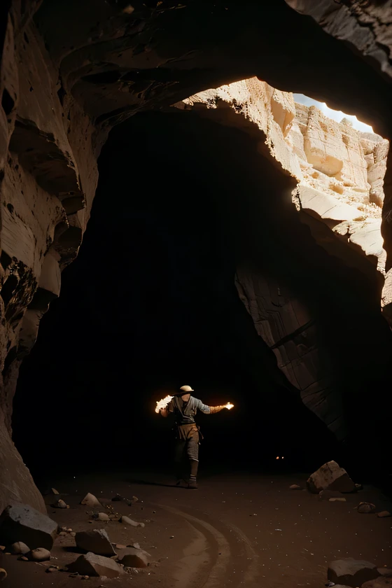 un demonio escapando de una cueva en el desierto, the photo was taken in 1920 with a low quality camera