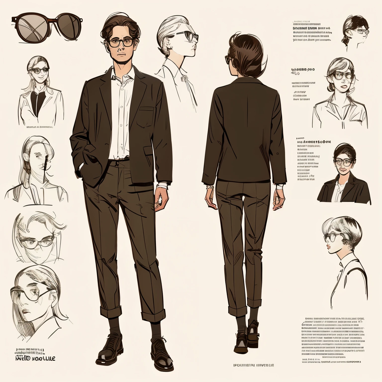 a drawing of a standing woman with glasses, a character portrait by Farel Dalrymple, featured on tumblr, figurativism, criterion collection, photoillustration, concept art, full body