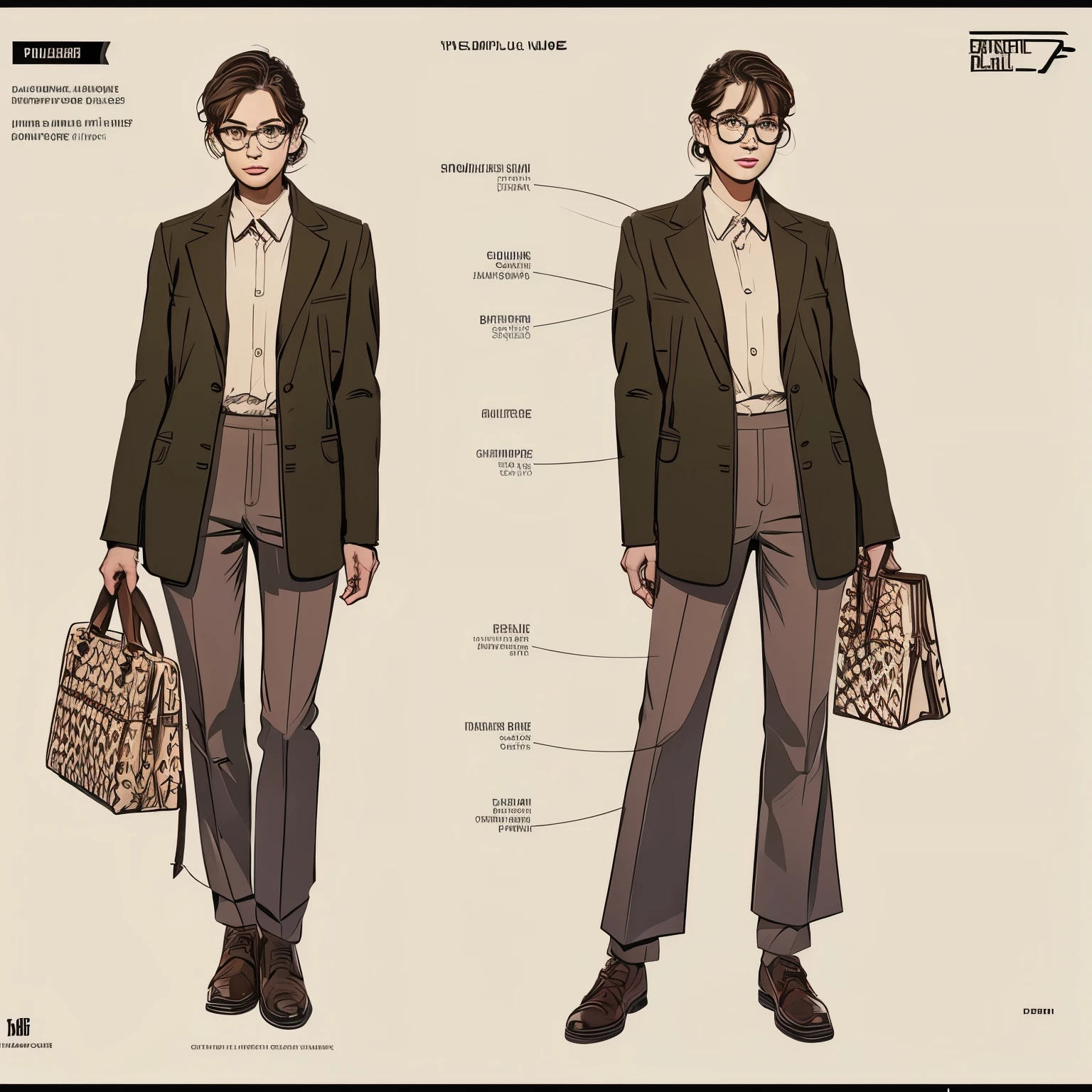 a drawing of a standing woman with glasses, a character portrait by Farel Dalrymple, featured on tumblr, figurativism, criterion collection, photoillustration, concept art, full body