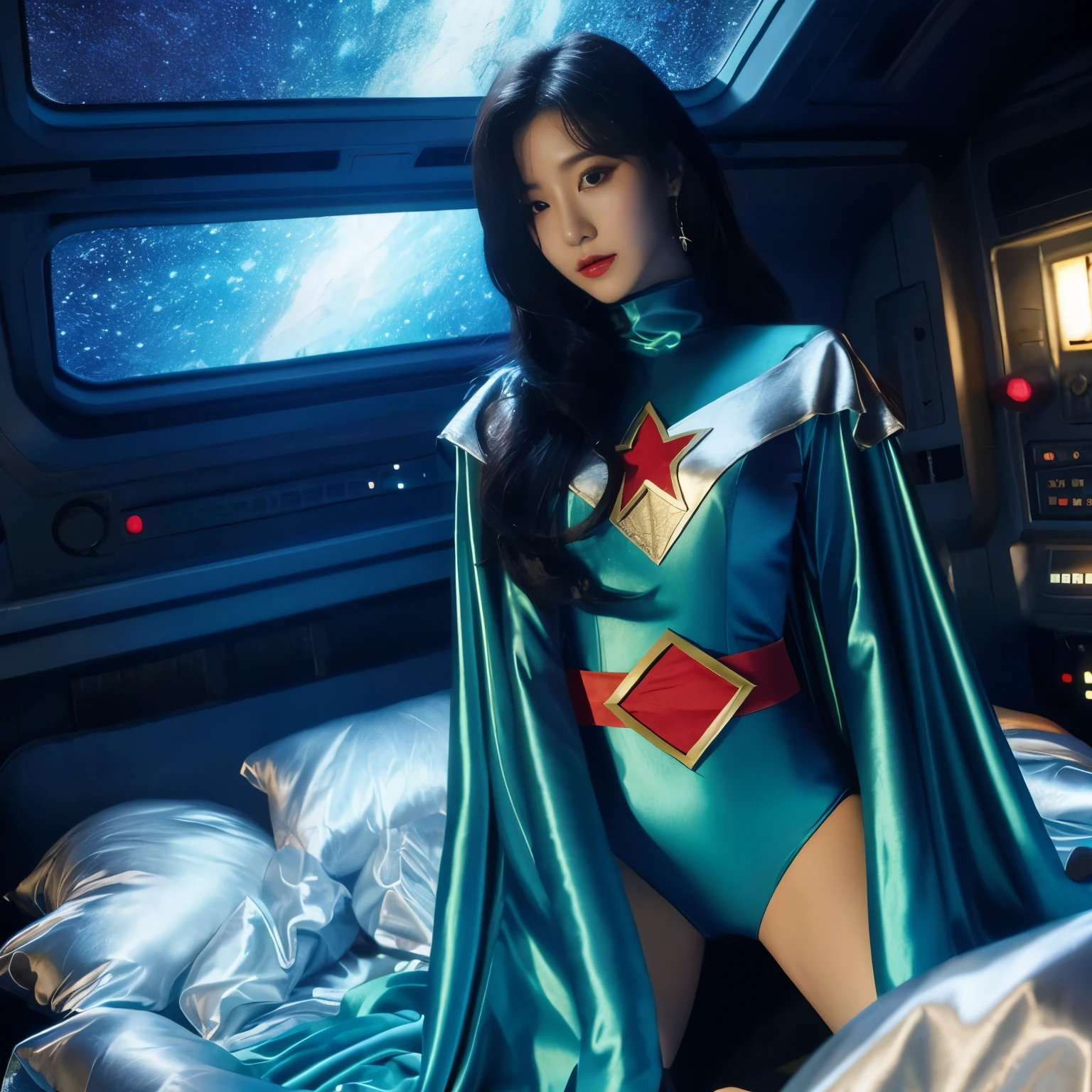 best image quality、Super high resolution、(realism:1.4)、Korean beauty star、The most beautiful KPOP star、face、Horny Korean makeup、erotic expression、A body that makes you want to touch it、Erotic photos、Realistic satin fabric texture、Costume made of stretch satin fabric that is smooth to the touch、The drape of the curved part of the satin fabric、Strong luster of costume、costume quality、8K photo quality、Costume made of high-quality satin fabric with high density、Super-class battle leather cloak with a smooth texture、Super Sentai Women's Heroine Suit、Super-class battleship shiny costumes、Texture of costumes that satin fetishists respond to、Thin, glossy stretch satin fabric、