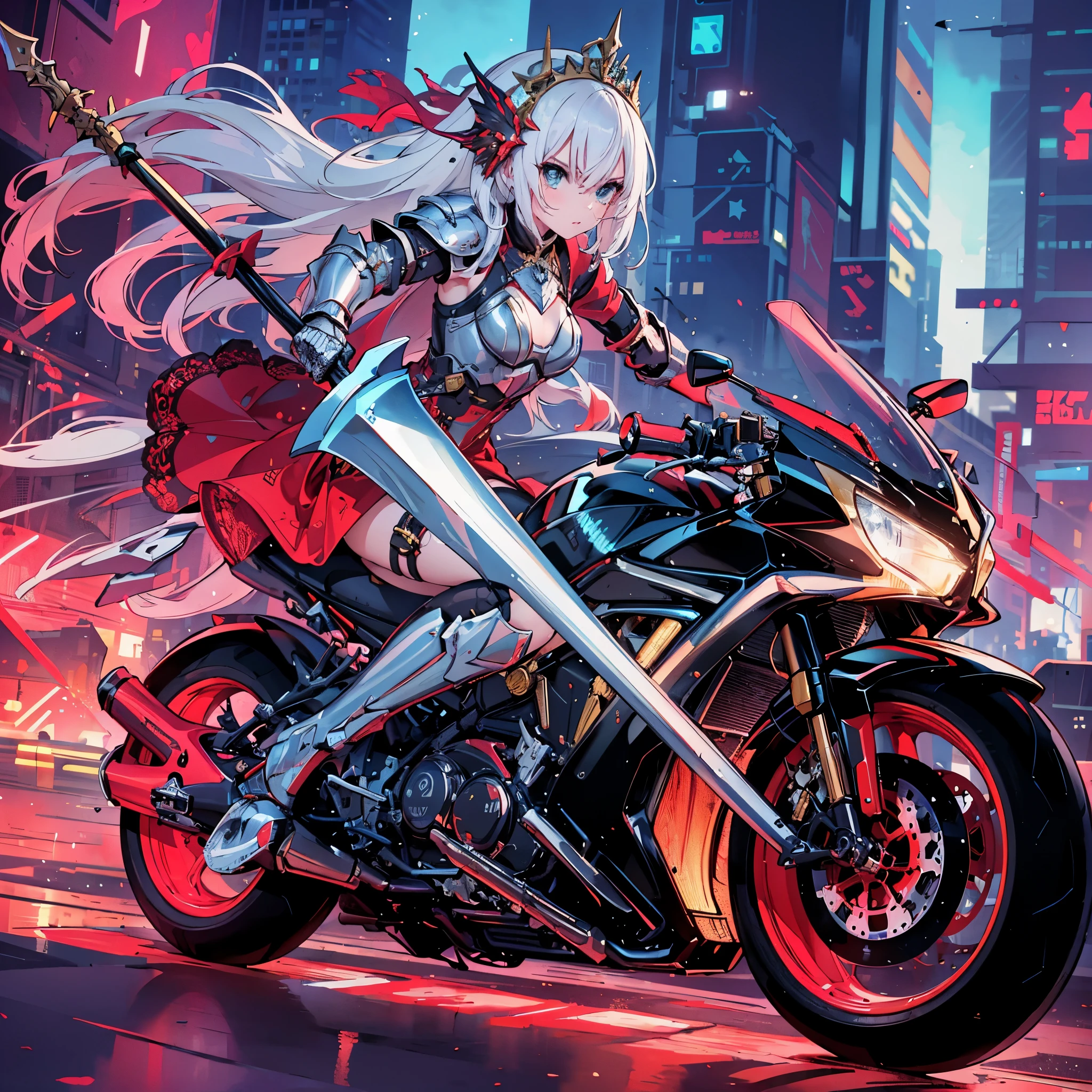 (masterpiece), best quality, fantasy art, 1girl, (solo:1.5), a female knight in red dress and metal armor with gold decoration holding giant spear, armored dress, long hair, white hair, tiara, glaring,weapon, polearm, lance, riding on a cyberpunk style motorcycle, motorcycle, ground vehicle, motor vehicle, cybercity background, speed lines, vivid color,spark