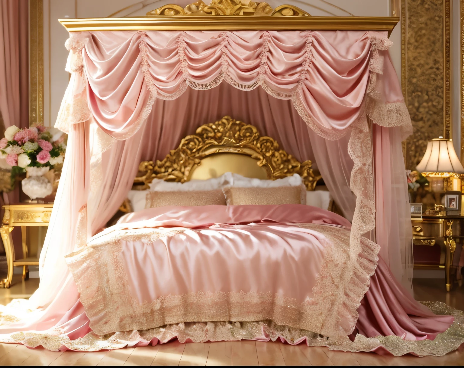 ,highest quality, masterpiece, highest resolution, artwork, super それにget used to it, many get used to it, get used to it, それにget used to it, 3K realistic photos,,((inside the palace)),,,(( 10 years old)),,((inside the palace bedroom)),In a luxurious silk satin canopy bed,King size bed with canopy,Golden luxury bed frame in rococo style,Each side of the bed has luxurious cherry pink ruffled curtains。,many frilly pillows on the bed,super detailed background,detailed bed,romantic atmosphere,,soft cherry pink silk satin comforter,Soft cherry pink silk satin ruffled pillow,detailed futon,