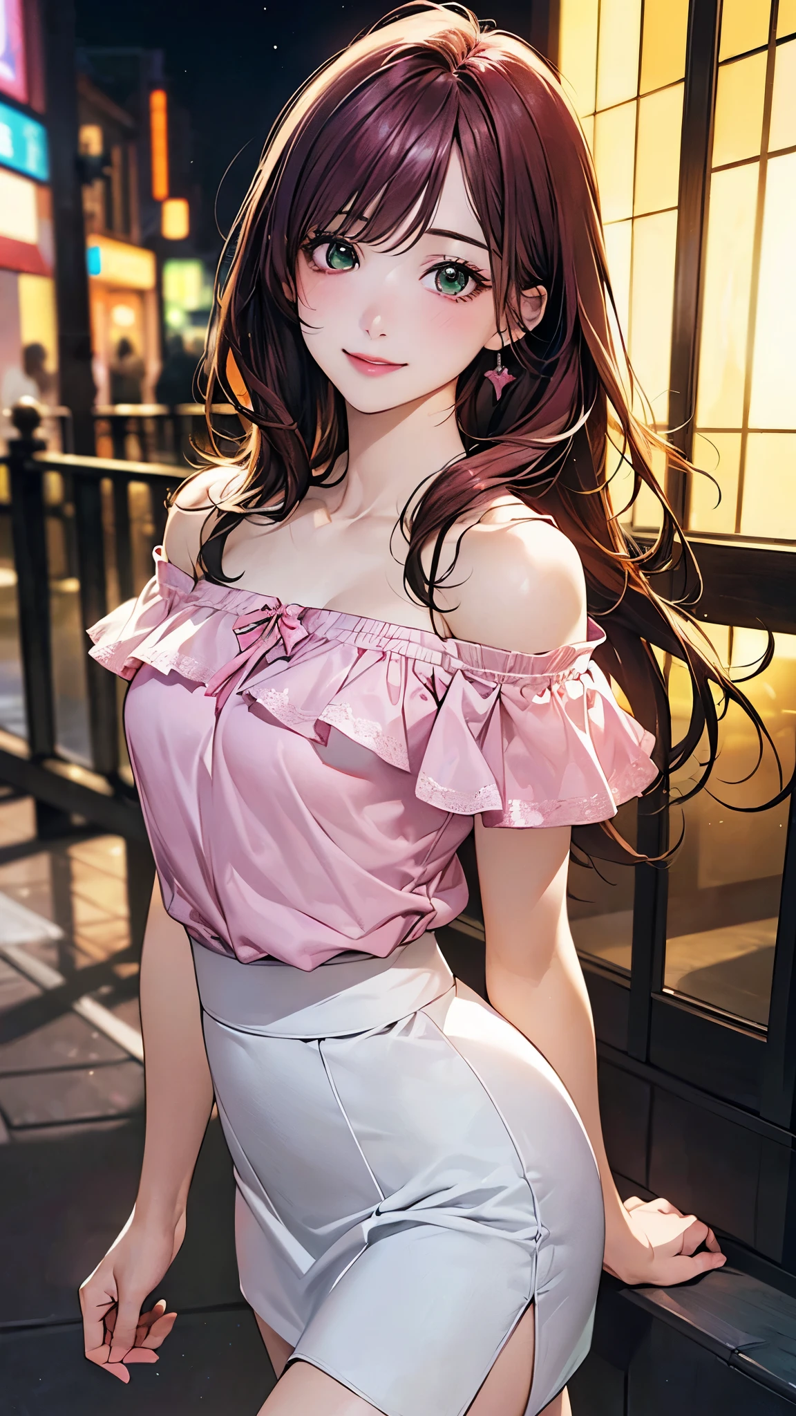 (masterpiece:1.2, top-quality), (realistic, photorealistic:1.4), beautiful illustration, (natural side lighting, movie lighting), nsfw, 
looking at viewer, 1 girl, japanese, high school girl, perfect face, cute and symmetrical face, shiny skin, 
(long hair:1.5, straight hair:1.4, maroon hair), swept bangs, emerald greeneyes, long eye lasher, (medium breasts), slender, 
beautiful hair, beautiful face, beautiful detailed eyes, beautiful clavicle, beautiful body, beautiful chest, beautiful thigh, beautiful legs, beautiful fingers, 
((pink off-shoulder tops puff sleeves short sleeve short length blouse, white skirt)), 
(beautiful scenery), evening, (shopping mall), walking, (lovely smile, upper eyes),