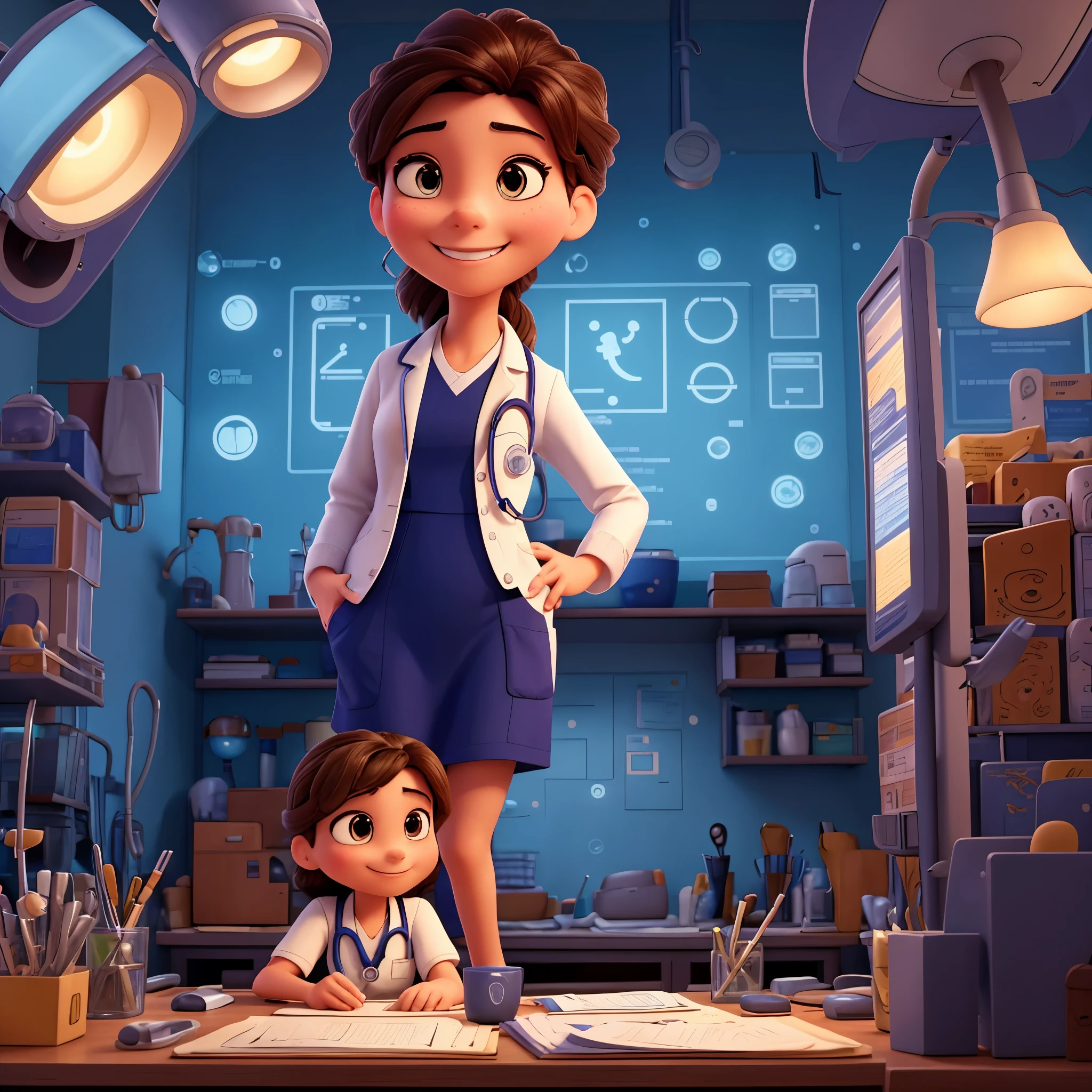 A Disney-style poster showcasing a radiology work scene in a hospital. The image exudes top-quality artistry, featuring a radiantly uniformed radiologist with a white coat and stethoscope around their neck. He or she is intently focused on the monitor, analyzing intricate medical images. Nearby, a supportive colleague, dressed in contemporaneous hospital attire, offers a reassuring smile. The warm and inviting atmosphere is conveyed through vibrant colors and intricate details, making this a truly masterful work of Disney art.