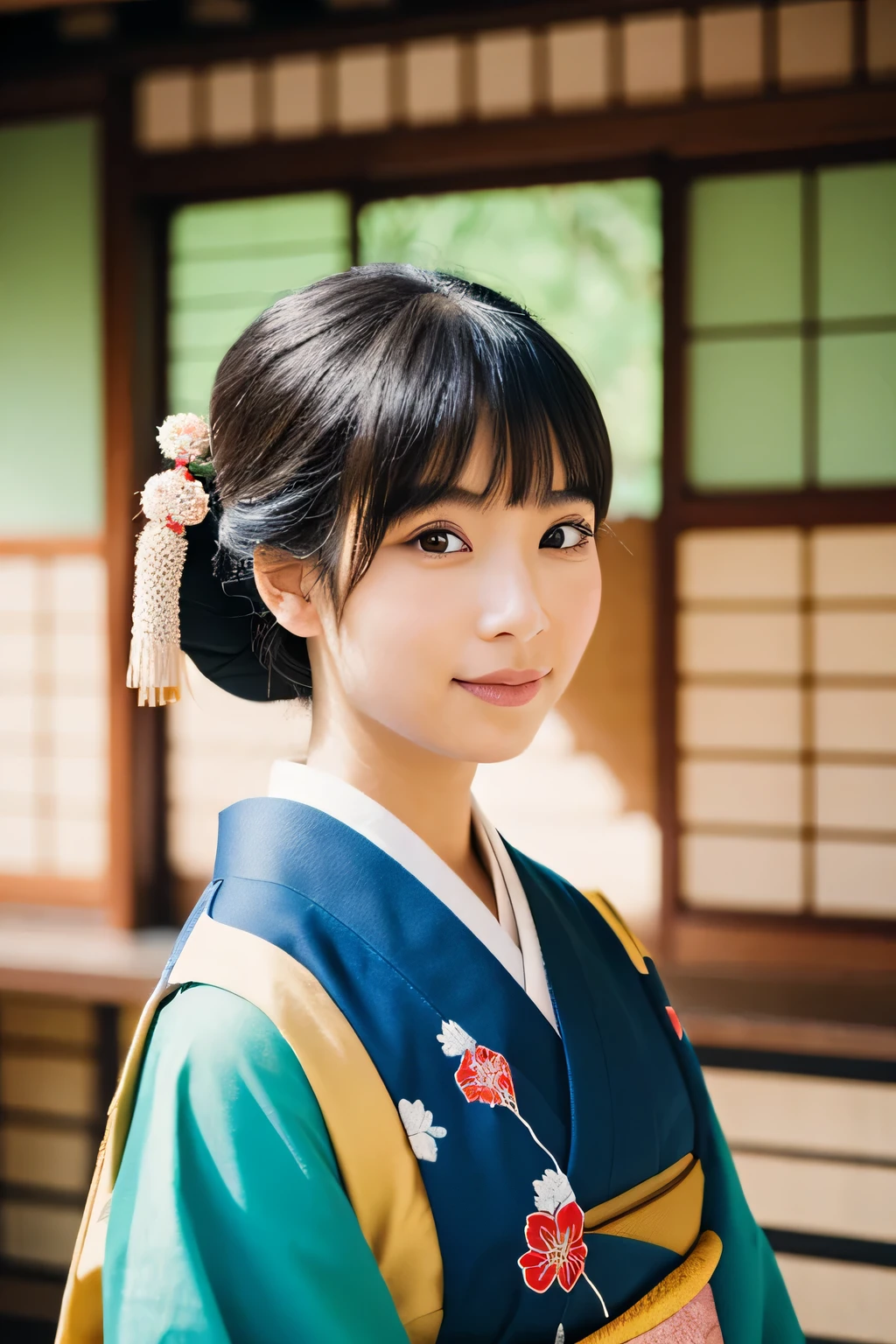 Portrait of an Asian woman in traditional Japanese clothing