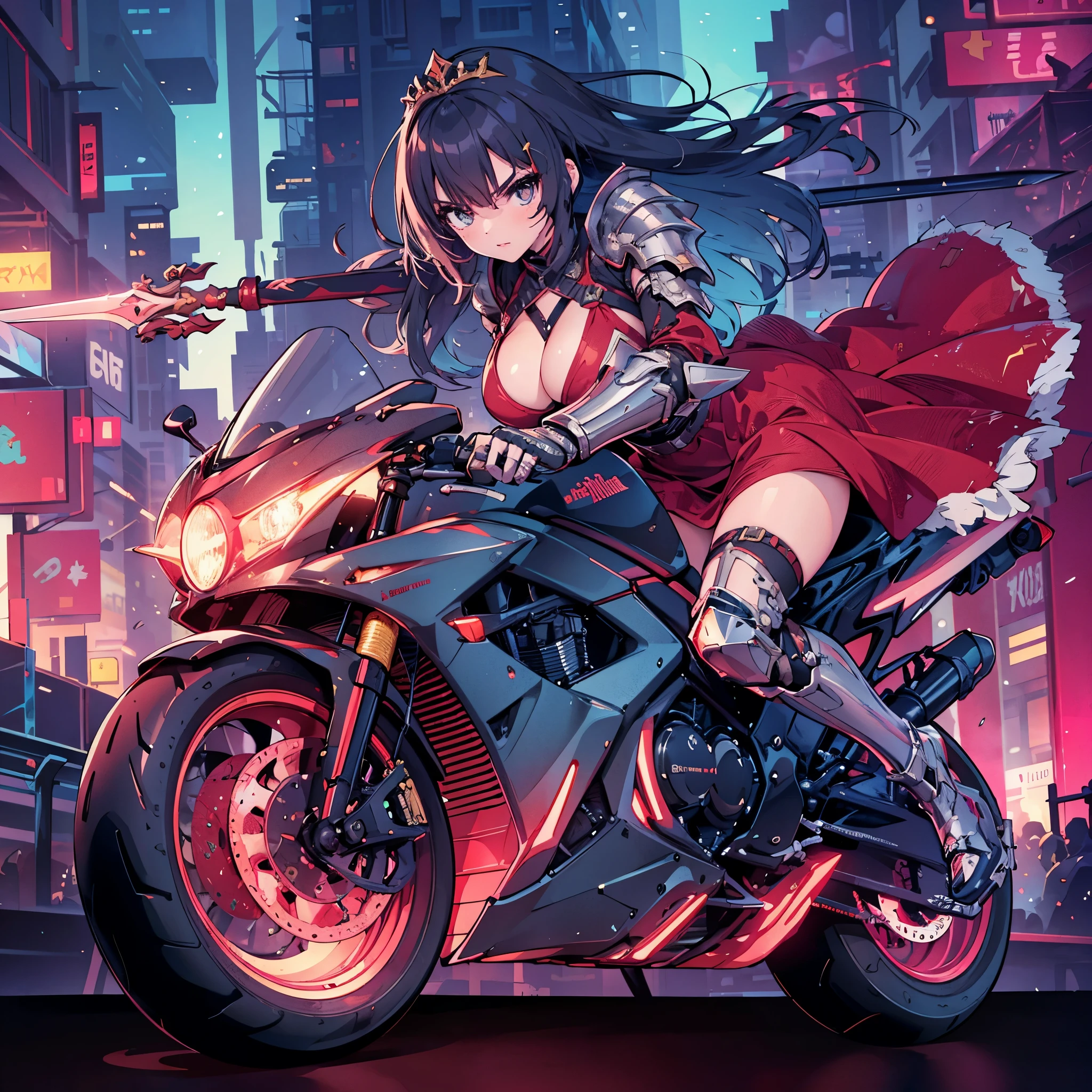 (masterpiece), best quality, fantasy art, 1girl, (solo:1.5), a female knight in red dress and metal armor with gold decoration holding giant spear, armored dress, long hair, white hair, tiara, glaring,weapon, polearm, lance, riding on a cyberpunk style motorcycle, motorcycle, ground vehicle, motor vehicle, cybercity background, speed lines, vivid color,spark