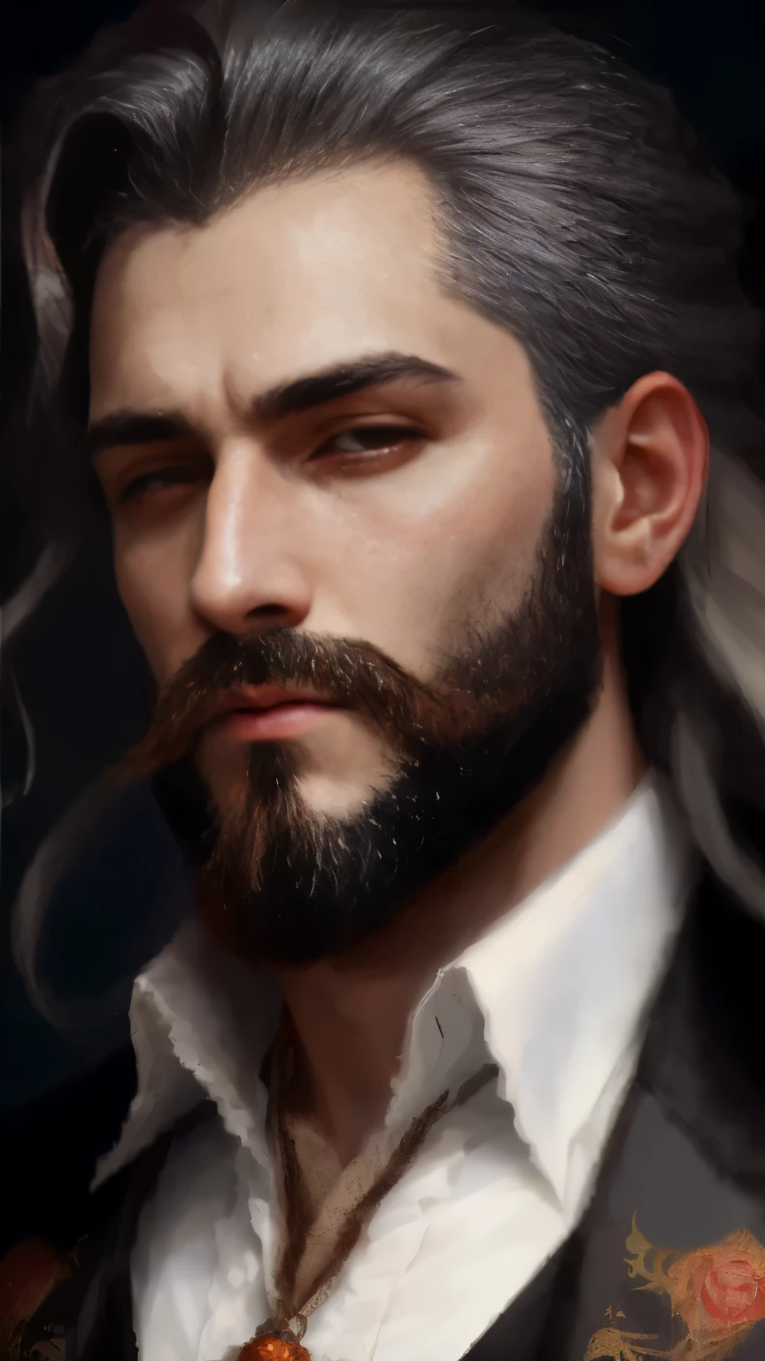 painting of a man with a beard and a white shirt, inspired by Samuel Hieronymus Grimm, inspired by Ivan Kramskoi, portrait of professor sinister, inspired by Stanislas Lépine, delaroche, victorian vampire, inspired by Byron Galvez, caleb from critical role, inspired by Jules Robert Auguste, inspired by Cristache Gheorghiu