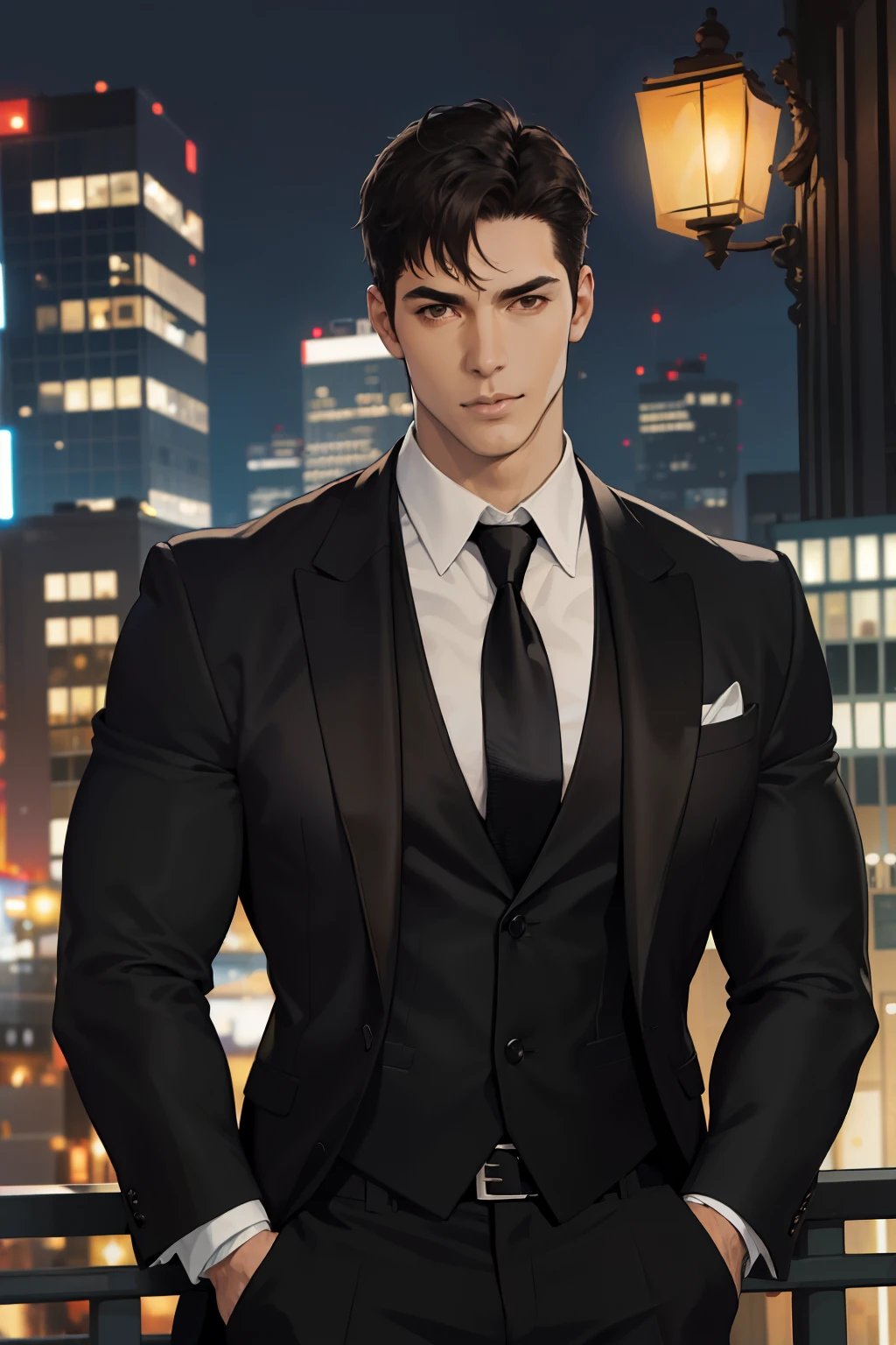(absurdres, highres, ultra detailed, realistic, ), 1 male, solo, adult, mature, tall muscular guy, broad shoulders, handsome, very short hair, black hair, brown eyes, angular jaw, thick neck, thick eyebrows, night, dark, the night view of the city background, formal suit, necktie, upper body
