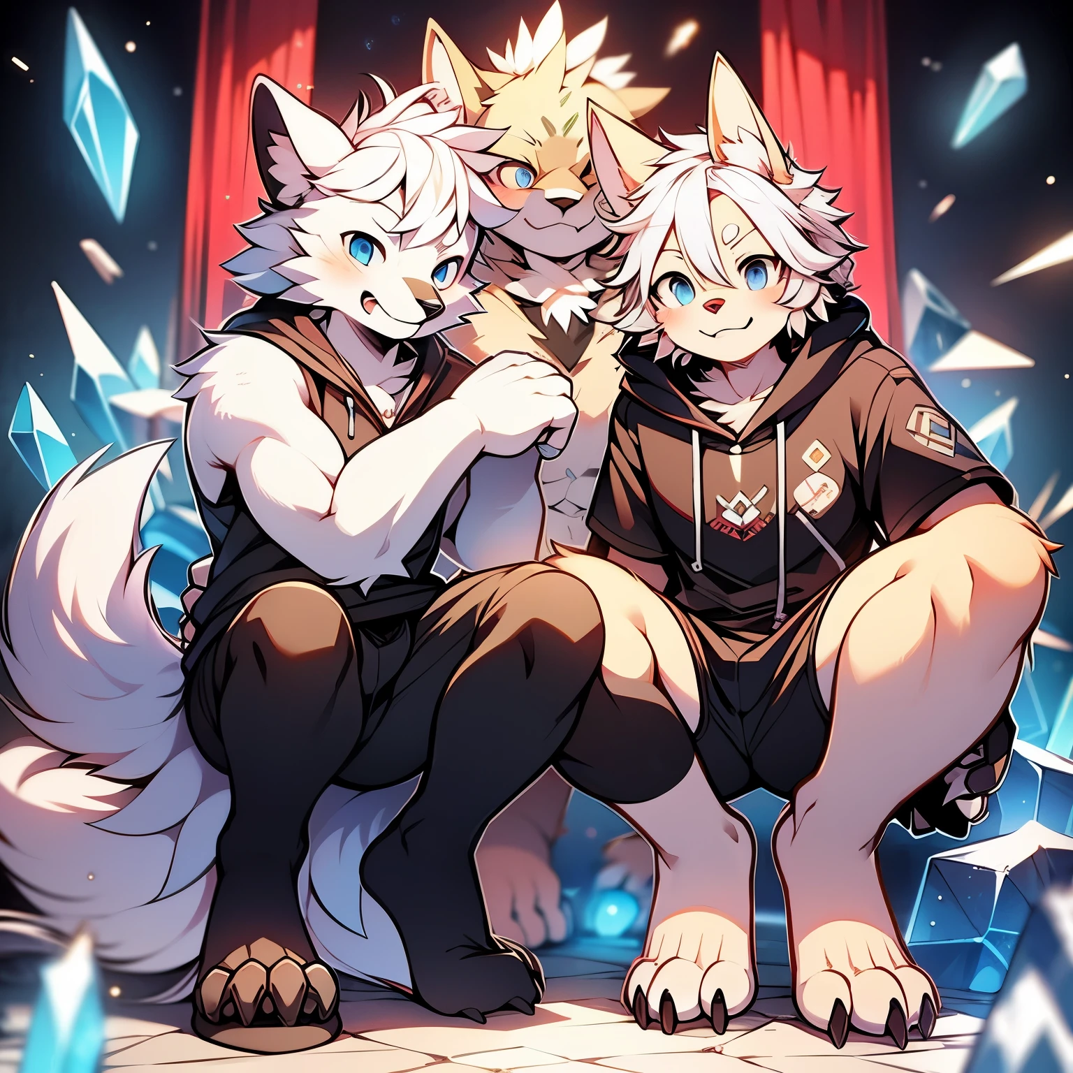 hairy，wolf boy，white fur，crystal blue eyes，White Claw，white feet，单hairy尾巴，white hair，Short hair details，leggings，Latex black shorts，Shirtless