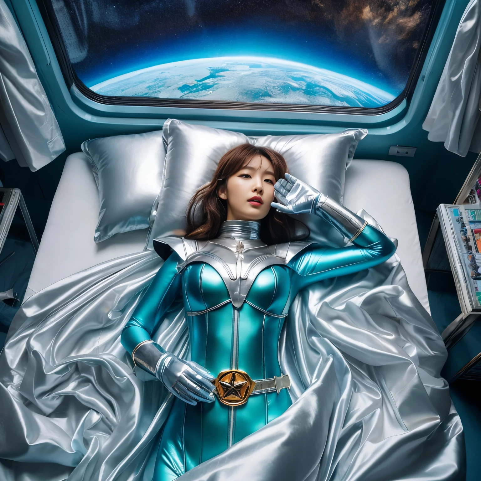 best image quality、Super high resolution、(realism:1.4)、Korean beauty star、The most beautiful KPOP star、face、Horny Korean makeup、erotic expression、A body that makes you want to touch it、Erotic photos、Realistic satin fabric texture、Costume made of stretch satin fabric that is smooth to the touch、The drape of the curved part of the satin fabric、Strong luster of costume、costume quality、8K photo quality、Costume made of high-quality satin fabric with high density、Super-class battle leather cloak with a smooth texture、Super Sentai Women's Heroine Suit、Super-class battleship shiny costumes、Texture of costumes that satin fetishists respond to、Thin, glossy stretch satin fabric、