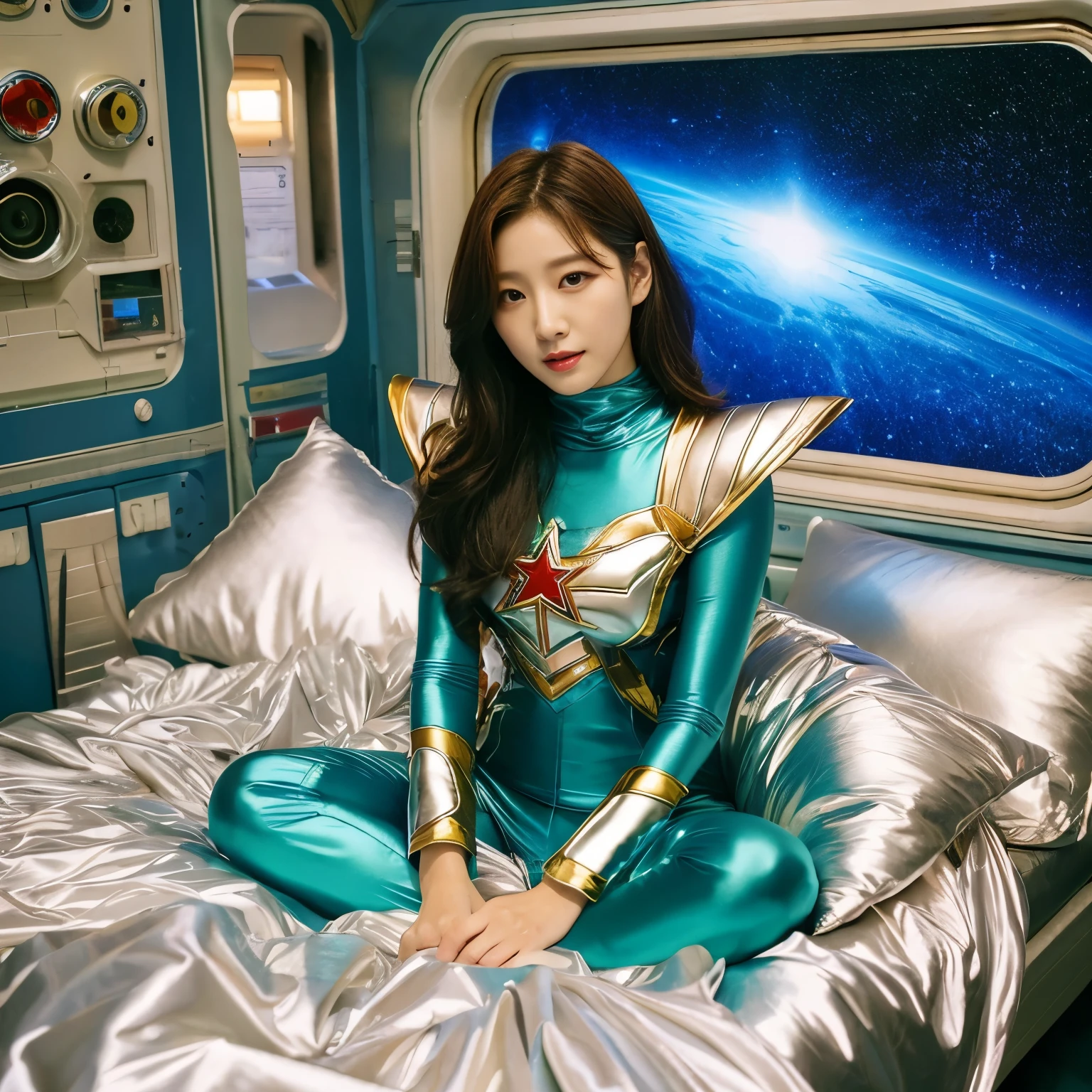 best image quality、Super high resolution、(realism:1.4)、Korean beauty star、The most beautiful KPOP star、face、Horny Korean makeup、erotic expression、A body that makes you want to touch it、Erotic photos、Realistic satin fabric texture、Costume made of stretch satin fabric that is smooth to the touch、The drape of the curved part of the satin fabric、Strong luster of costume、costume quality、8K photo quality、Costume made of high-quality satin fabric with high density、Super-class battle leather cloak with a smooth texture、Super Sentai Women's Heroine Suit、Super-class battleship shiny costumes、Texture of costumes that satin fetishists respond to、Thin, glossy stretch satin fabric、