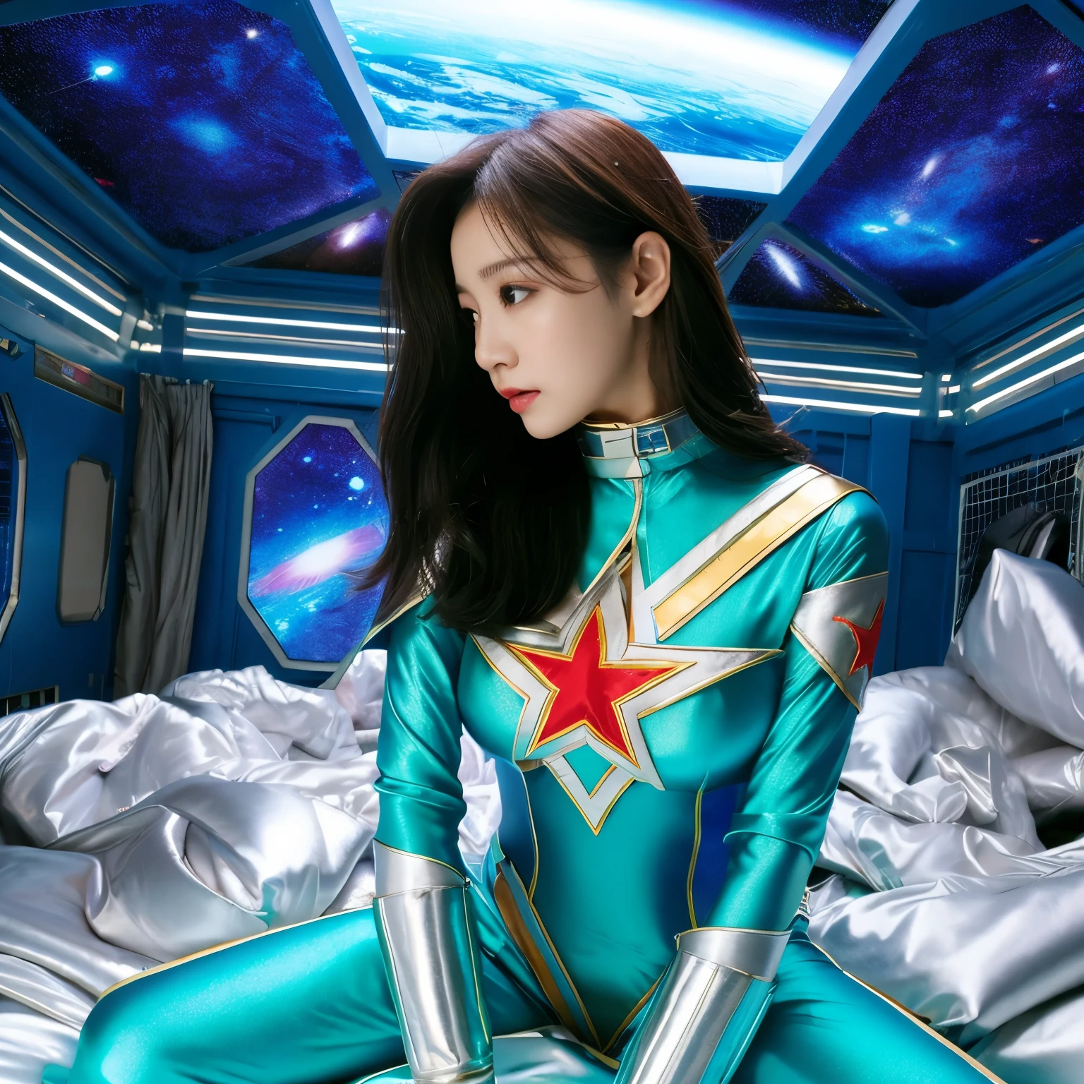 best image quality、Super high resolution、(realism:1.4)、Korean beauty star、The most beautiful KPOP star、face、Horny Korean makeup、erotic expression、A body that makes you want to touch it、Erotic photos、Realistic satin fabric texture、Costume made of stretch satin fabric that is smooth to the touch、The drape of the curved part of the satin fabric、Strong luster of costume、costume quality、8K photo quality、Costume made of high-quality satin fabric with high density、Super-class battle leather cloak with a smooth texture、Super Sentai Women's Heroine Suit、Super-class battleship shiny costumes、Texture of costumes that satin fetishists respond to、Thin, glossy stretch satin fabric、
