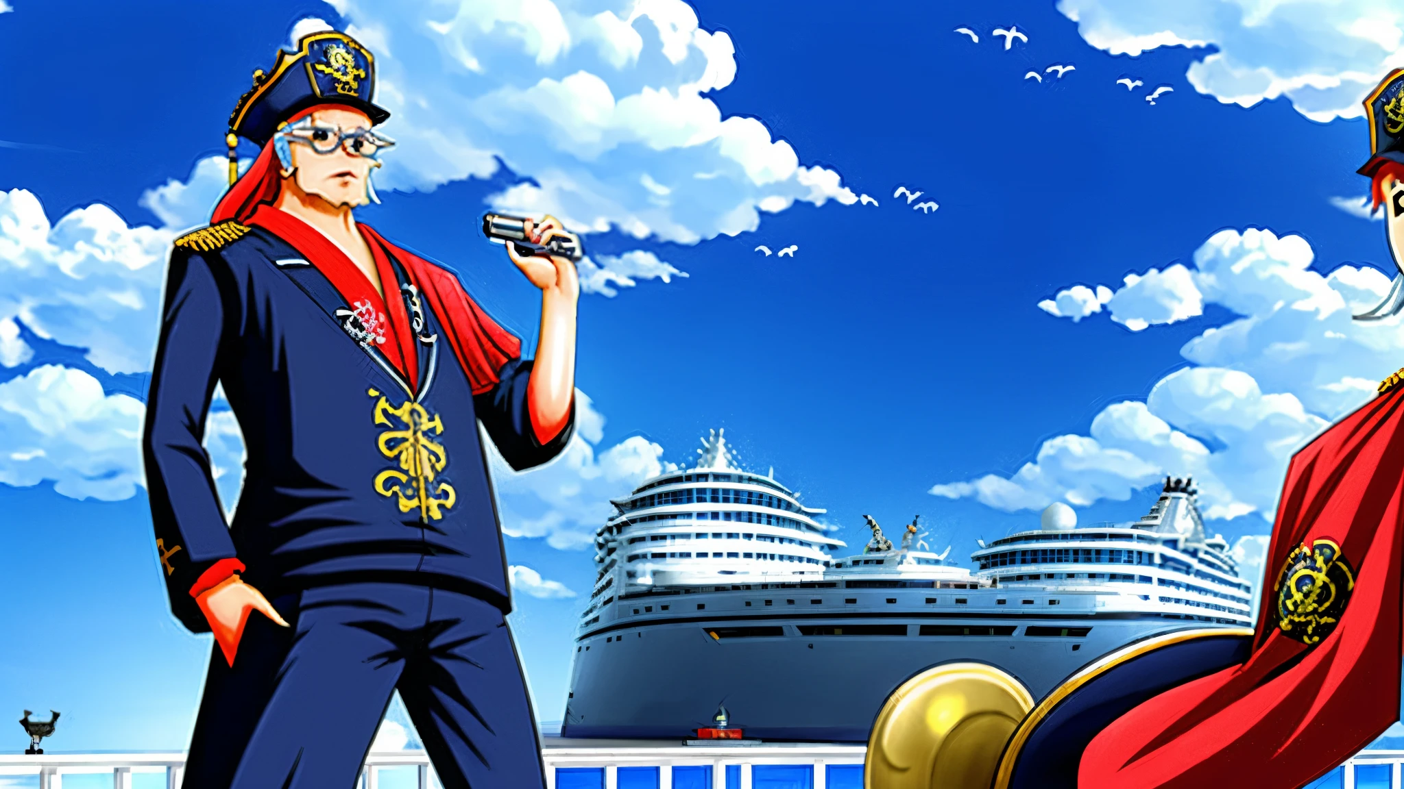 A chinese male pirate wearing a clothes that pig logo standing on top of a luxury cruise ship that can see the cruise ship head.