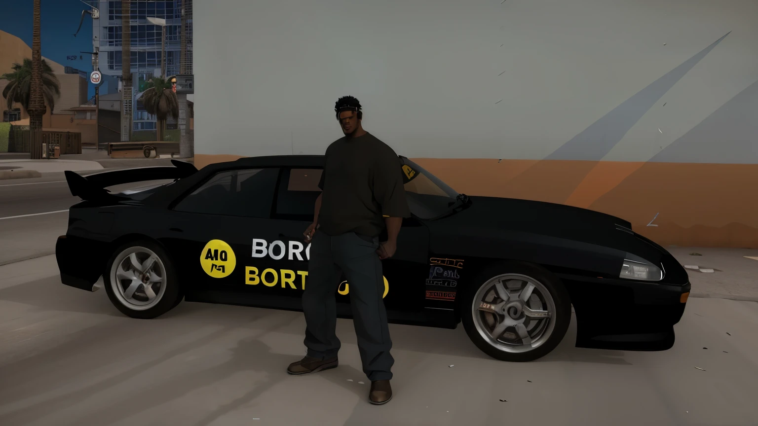 arafed man standing next to a car with a borri dort sticker on it, boixcar style, boring, in gta san andreas, gta, ingame image, artur bordello, kentaro miura style, miura kentaro style, bored, booru, modeled in poser, boris vallego, standing in front of lowrider