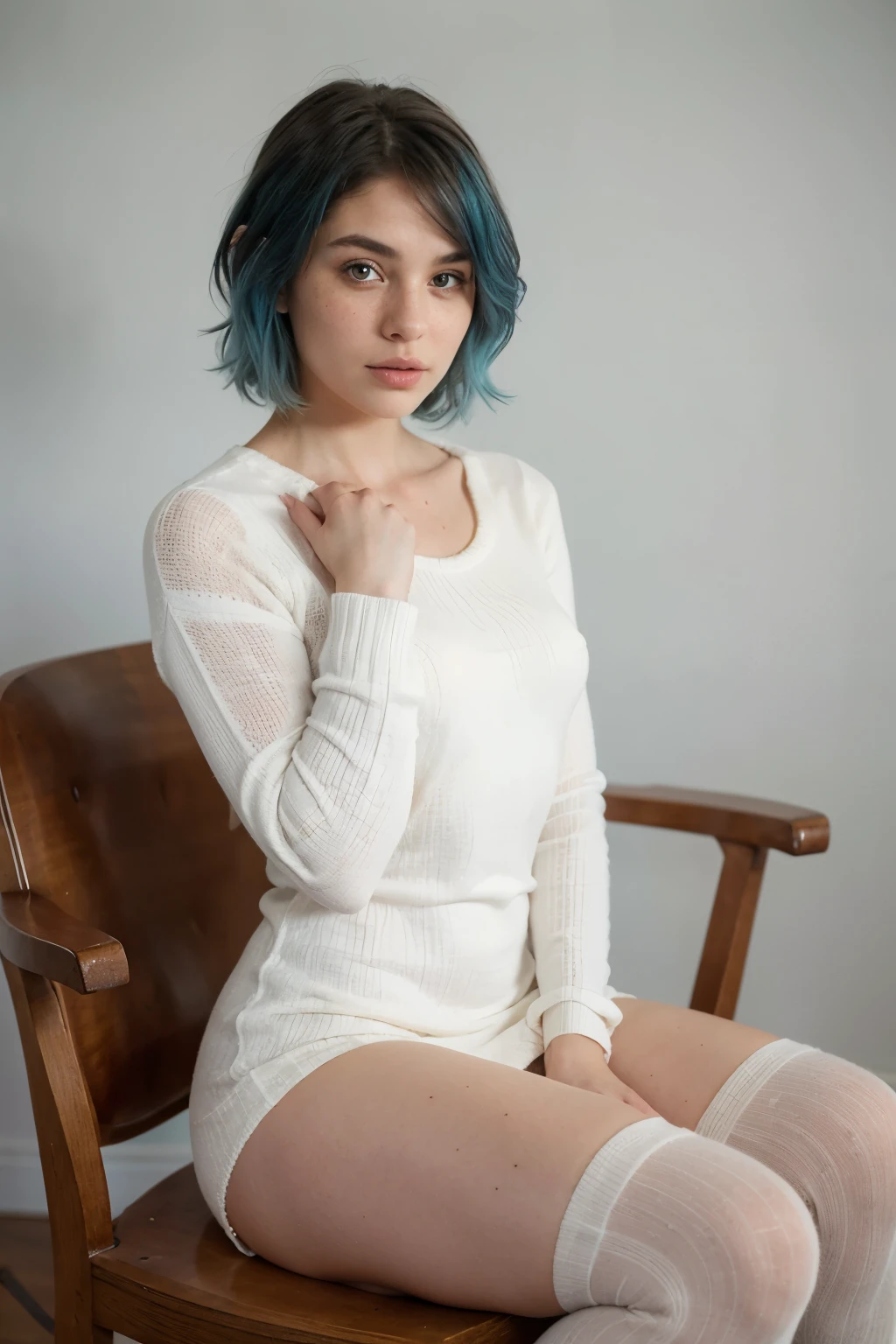 beautiful woman with turquoise hair, light freckles, on a chair, wearing a white woolen dress, woolen knee length socks, slim body, fit, thick thighs, dreamy and romantic compositions, model pose