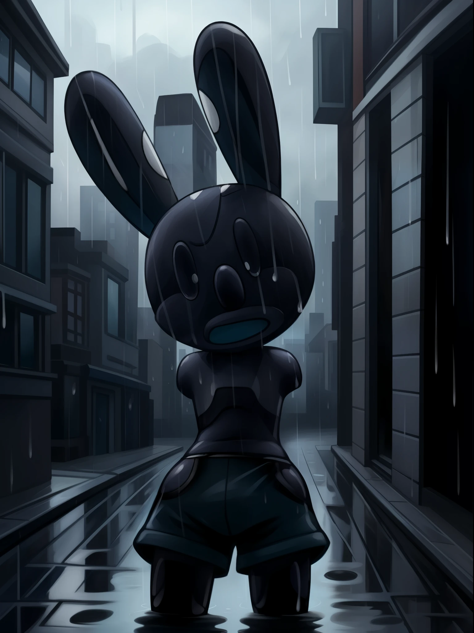 Oswald, armless, missing arms, no arms, black eyes, blue shorts, white polka dots on ears, sad expression, open mouth frown, crying, tears, expressive, dynamic angle, city street background, raindrops, raining, intricate details, masterpiece, colofur