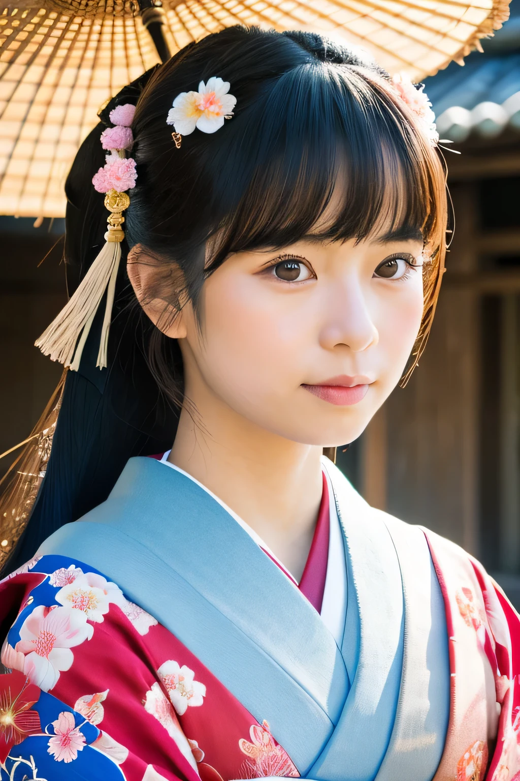 Portrait of an Asian woman in traditional Japanese clothing, realista e detalhado