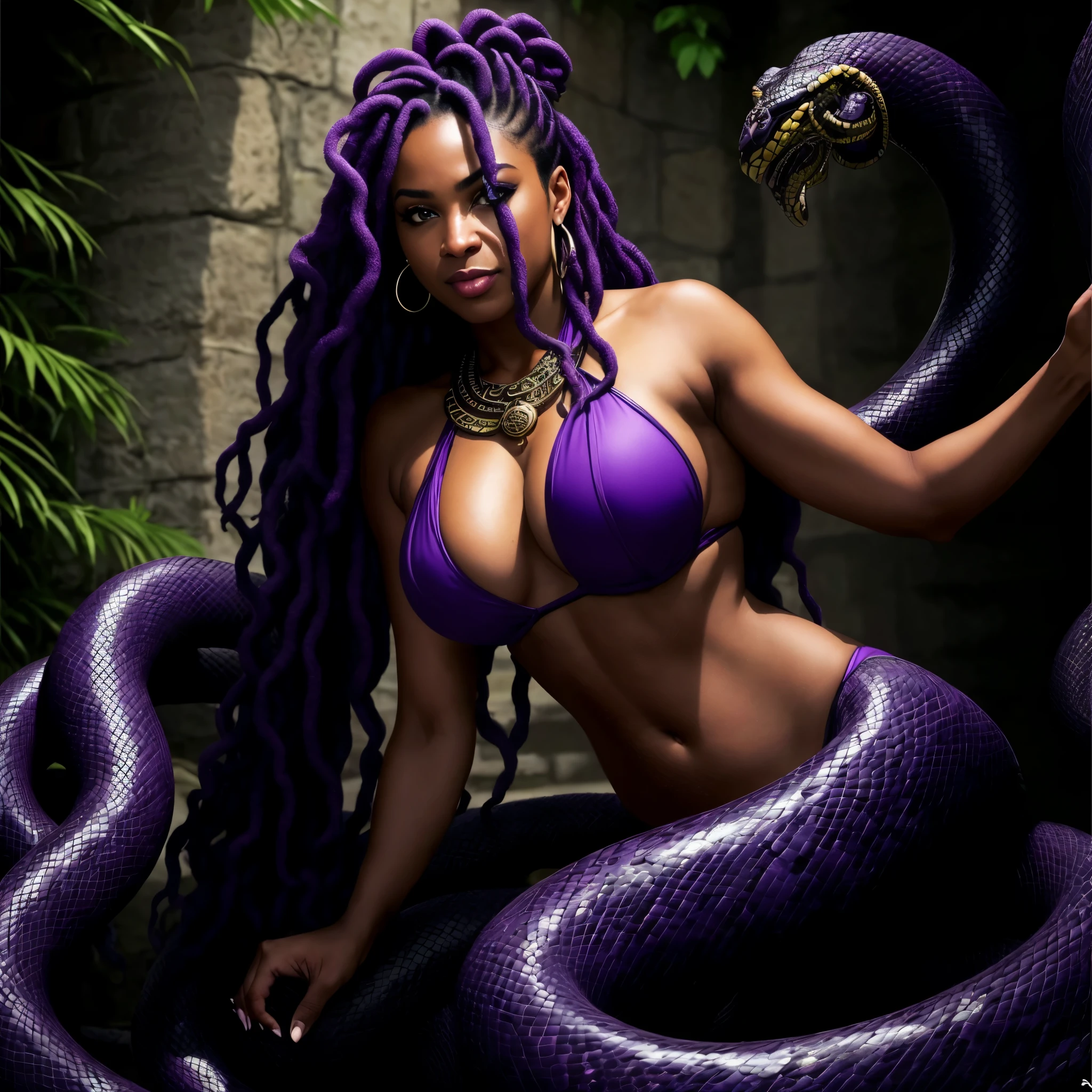 a close-up of a black woman in a purple bikini sitting on a snake, beautiful female gorgon, fierce Medusa, cabelo vermelho ao estilo dread, deusa feminina de pele escura do amor, mulher cobra hybrid, mulher cobra, female Medusa long hair, deusa sobrenatural, lamia, Medusa, fundo medieval, corpo tatuado