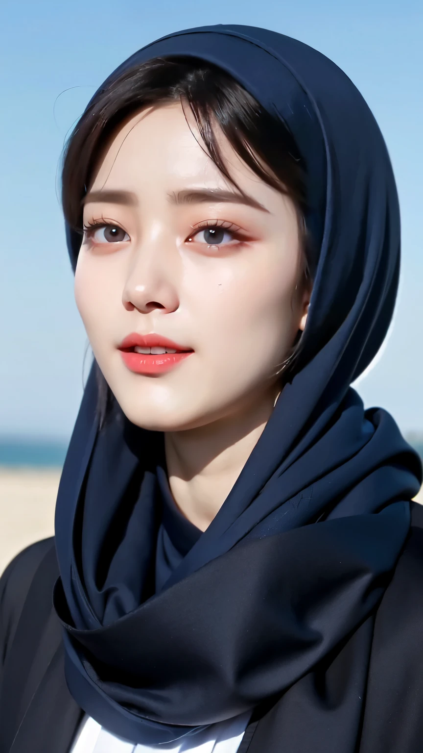 Three women in hijab blue collor, ((Best quality, 8k, Masterpiece :1.37)), (three women in hijab blue collor, smile), multiple people , three women in hijab blue collor, position:standing, style model, (three women in hijab blue collor), beautiful face, Beautiful detailed eyes, Korean eyes, nose detail, Natural Lips, 18 year old girl, black hair, very detailed face, ultra detailed body, slim body, smiling lips, erotic girl body, detailed breasts, Wearing Muslim hijab blue , luxurious jubba thobbe, blue sky view, slim body, realistic face, three women wearing hijabs