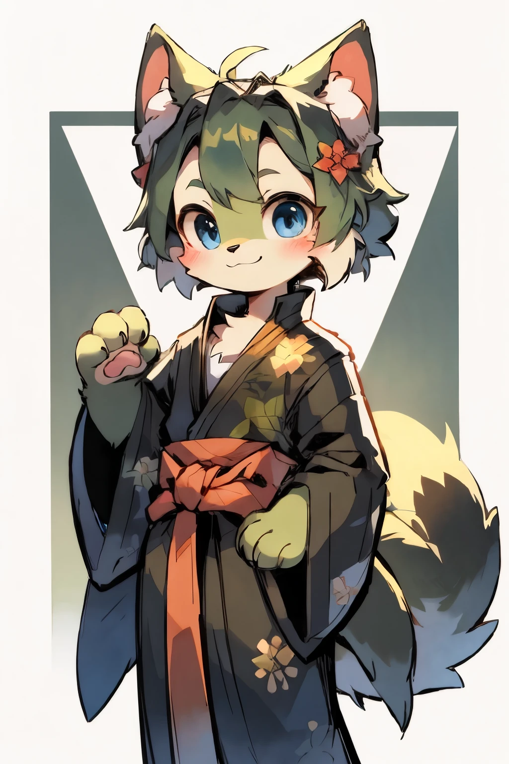 cat, Matcha green fur, furry, big tail, Hirsutistic, Big royal blue eyes, big ear, White stripe on left ear, standing posture, tilt head, cute, flat illustration, solid color background, Matcha green, green, cat paw, animal ears, cat ears, light smile, front, high quality, super detail