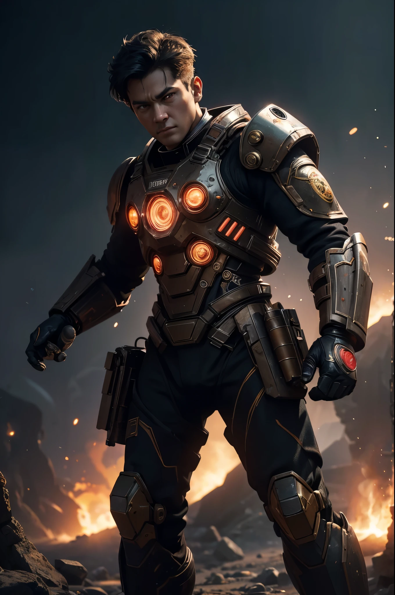 8K,(special effects),Space Detective,red and black combat suit,2Two mono-eyes shine,fighting pose,wasteland,action scene,action pose,masterpiece,Photorealistic RAW photos of the highest quality。bright colors,rich colors, Backlight, cinematic lighting, film grain, 50mm lens, Nikon D850,beautiful expression,fantasy art,character art,ultra high resolution,Metal luster,countless LEDs(Mr.々Colorful glowing effect),