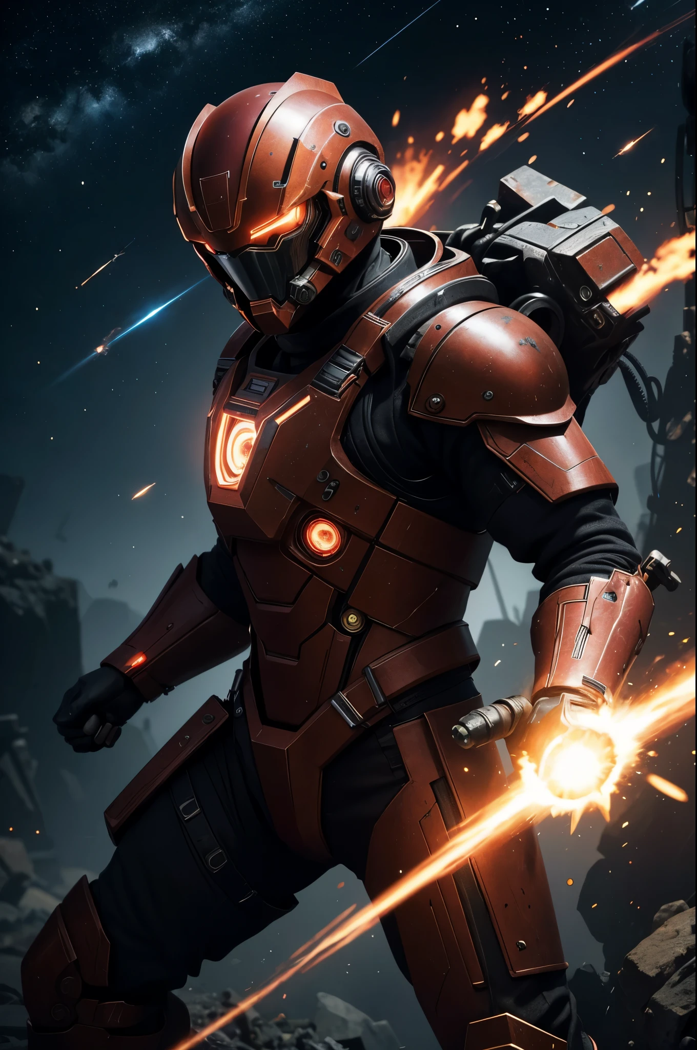 8K,(special effects),Space Detective,red and black combat suit,2Two mono-eyes shine,fighting pose,wasteland,action scene,action pose,masterpiece,Photorealistic RAW photos of the highest quality。bright colors,rich colors, Backlight, cinematic lighting, film grain, 50mm lens, Nikon D850,beautiful expression,fantasy art,character art,ultra high resolution,Metal luster,countless LEDs(Mr.々Colorful glowing effect),